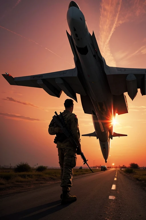 Soldier with gun, many fighter jets flying in background, red sky