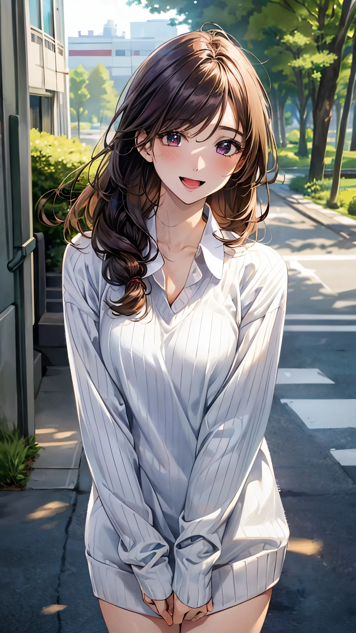 (masterpiece:1.2, top-quality, ultra high res, ultra detailed), (realistic, photorealistic:1.4), beautiful illustration, (natural side lighting, movie lighting), 
looking at viewer, 1 girl, japanese, high school girl, perfect face, (perfect anatomy), cute and symmetrical face, shiny skin, slender, 
(long hair, updo hairstyle, purple hair), hair between eyes, swept bangs, brown eyes, drooping eyes, big eyes, long eye lasher, (medium breasts), 
beautiful hair, beautiful face, beautiful detailed eyes, beautiful clavicle, beautiful body, beautiful chest, beautiful thigh, beautiful legs, 
(((white collared shirt), white , light brown v-neck sweater)), 
(beautiful scenery), depth of field, morning, (park, cityscape in the distance), standimg, (lovely smile, upper eyes, open mouth),