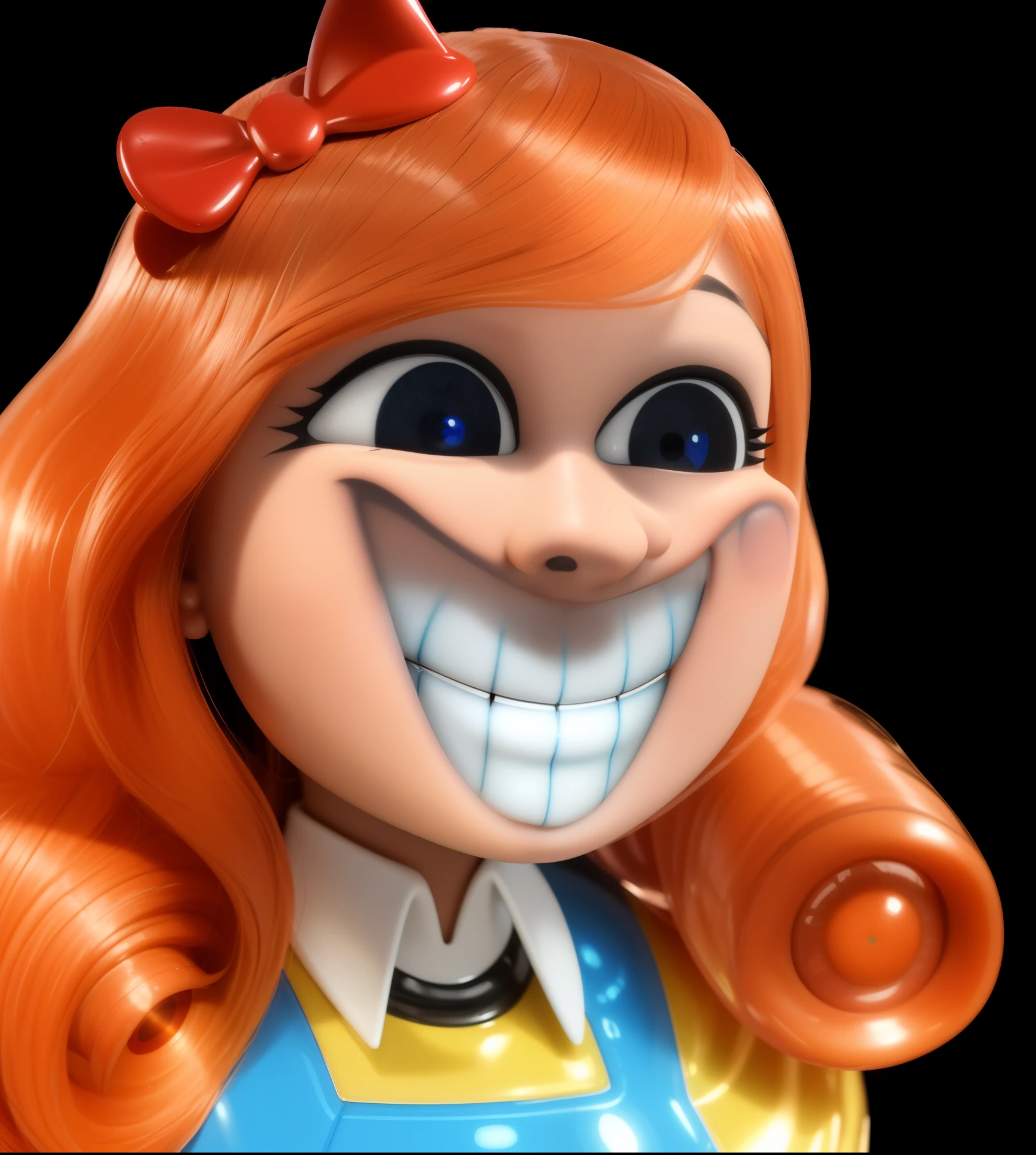 cartoon doll girl , doll, game character, videogame character, creepy doll, large creepy smile, doll with creepy smile and red eyes, insane, doll toy, glossy texture, smooth 3d model, multiple light sources, rim light, sharp post effects render, (glossy plastic texture with multiple big light probe refractions), perfect cgi, smooth silhouette, high intensity refraction, (super glossy material), most beautiful vfx, blue background, plastic refractions, realistic, 4k, high resolution, rim light