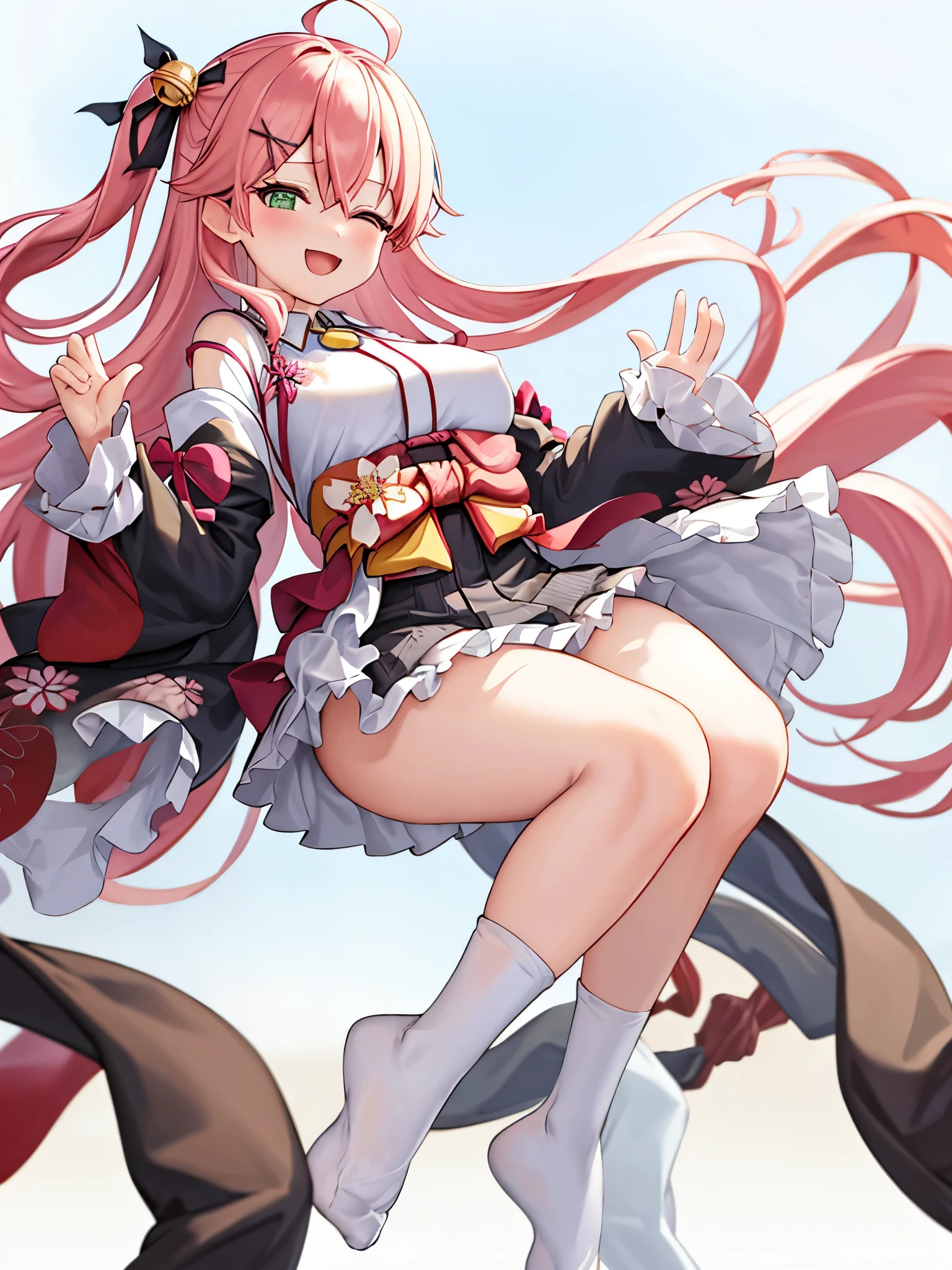 masterpiece, best quality, highres, sakura_miko, 1girl, (teen:1.3),medium_breasts, kimono, solo, ahoge, x_hair_ornament, pink_hair, floral print, hairclip,(side_less_clothes:1.3), (side_breasts:1.3), hair_bell, floral print, long_hair, hair between eyes, one side up, white_thighhighs, wide sleeves, open_mouth,(happy:1.3),green_eyes,smile,apart_legs,(overly_long_sleeves:1.3),),sleeves_past_wrists,hands_hidden_sleeves,sidelock_clothes,solo,hidden_wrists,(XD:1.5),covered_nipples,sunlight,(bare_flank:1.3),boots,open_mouth,kimono,close_eyes,apart_legs