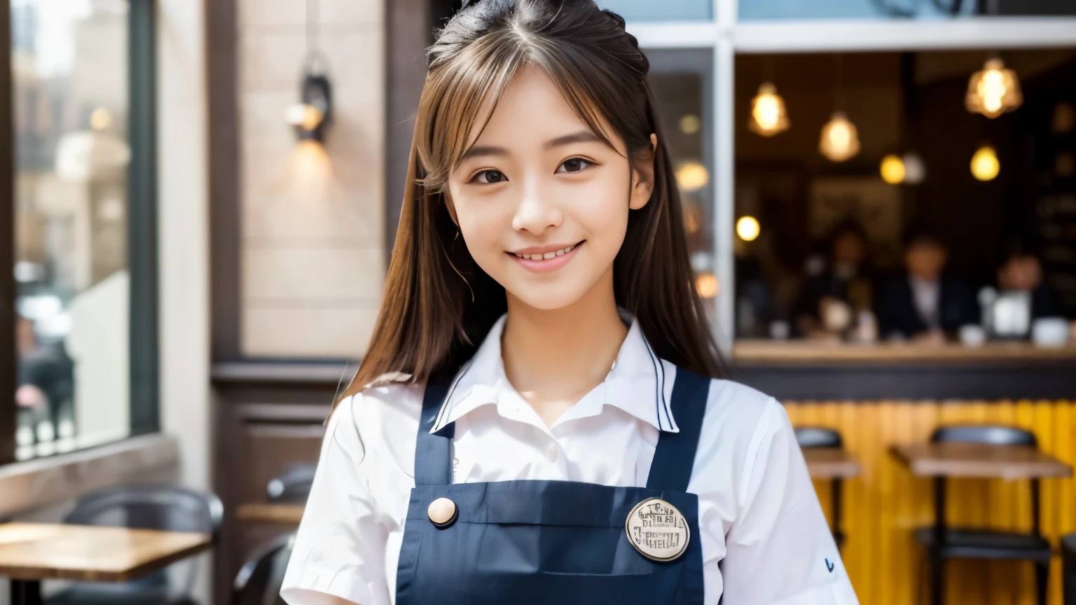 ((最high quality, 8k, masterpiece: 1.3)), perfect face,A full-body portrait of a beautiful model-like woman in a uniform apron handing out coffee at a stylish New York cafe.,Other staff are busy working around us.、You can feel the stylish luxury that is typical of urban cafes., sharp focus, 1 girl, Sexy 1.2, , (big: 1.5), fine eyes, Beautiful eyes with long slits, double eyelid, (cat face), (cute Face), cute Smile, (close your mouth), (cute), soft skin, Show the whole body, surreal, super detailed, high quality, (Beautiful college girl working as a waitress in a cafe), ((詳細な非常にcute女子大生)), ((胸は隠れているけど服の上から解るぐらいbig胸)),A look and a smile as if staring at her boyfriend