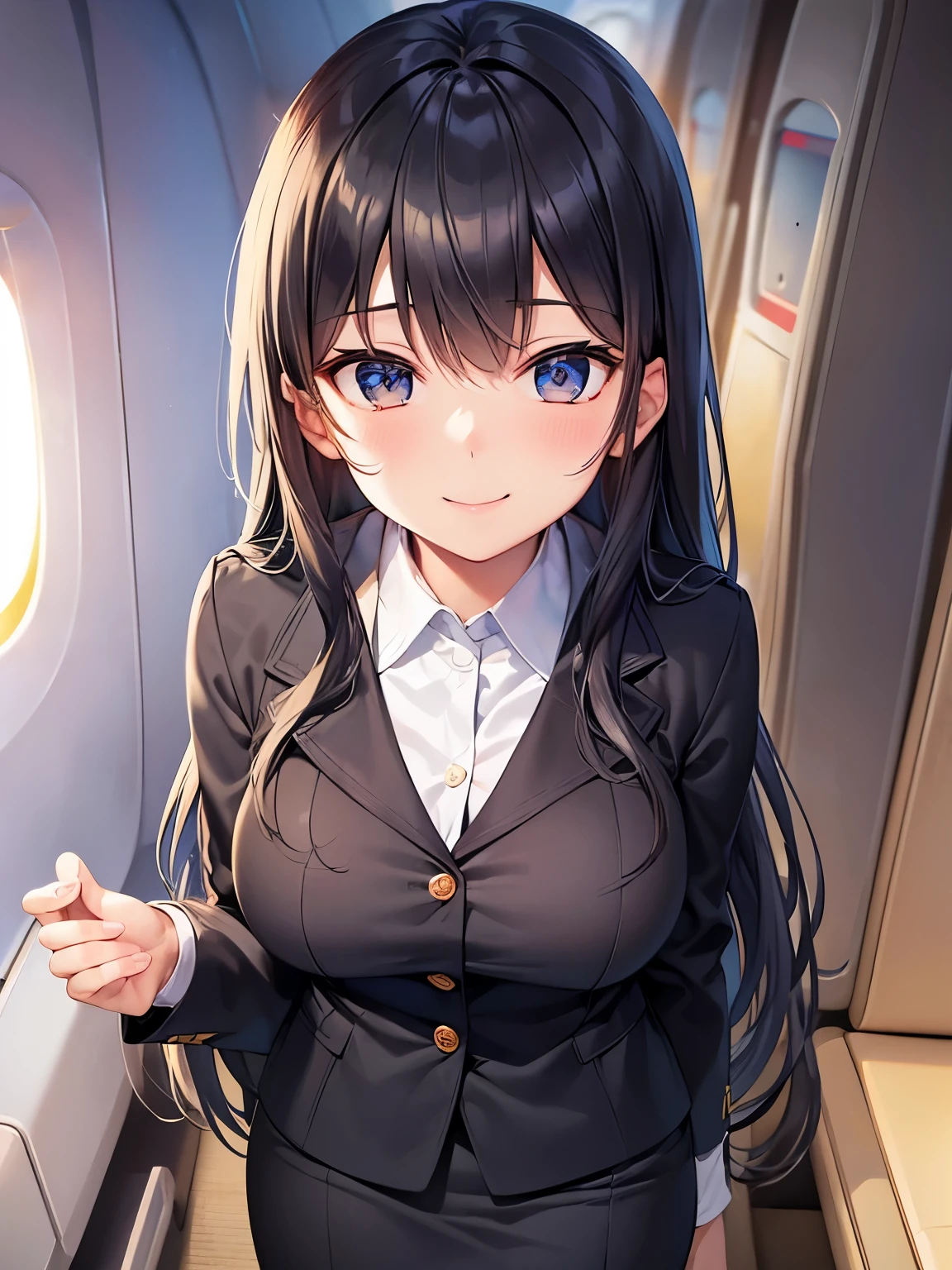 ((masutepiece, Best Quality)), ((hight resolution)), (photos realistic), Best Shadow, high detailing, Very detailed, (nice hand, Perfect hands), (Face Focus:1.2), ((1girl)), Beautiful Girl, 25 years old, blue eyes, (black long Hair:1.5), (normal breasts:1.3), (Smile:1.3), Glossy white skin, (view from front), (Very slender:1.3), (Cute face:1.3), (look at viewer:1.4), detailed facial features,droopy eyes, Crisp focus, perfect beautiful body and face, Perfectly focused, (standing:1.4), Long bangs, (in the airplane:1.4), (flight attendant:1.4), (enchanting smile:1.5), nsfw,