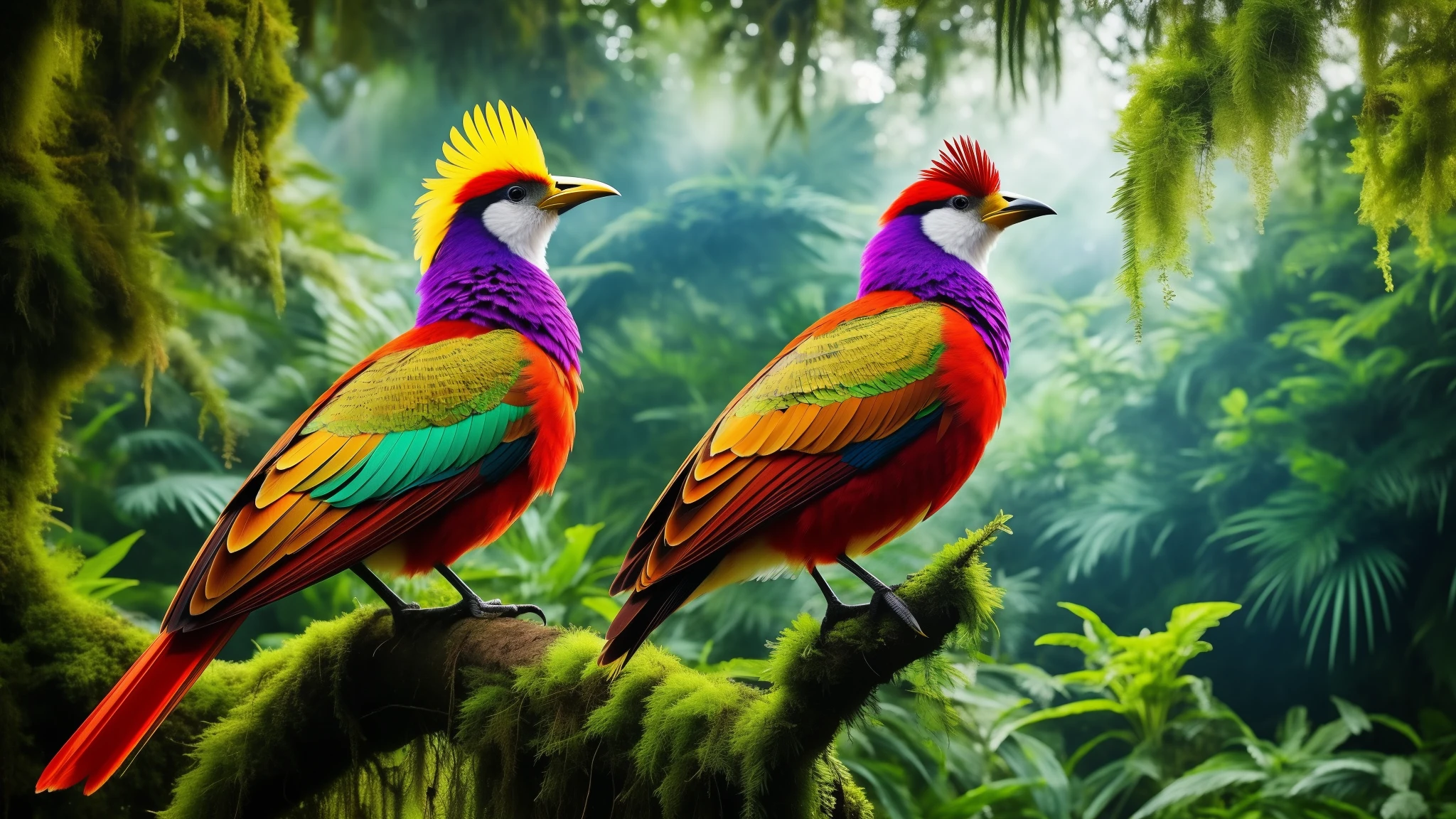 A stunning avian creature adorned with an exquisite feathered crown perches majestically amidst the lush foliage of the vibrant tropical forest. Its resplendent plumage is a breathtaking display of vibrant hues, with each intricate detail seemingly hand-painted by nature herself. The vivid colors of its feathers create a harmonious symphony against the backdrop of the verdant landscape, evoking a sense of wonder and awe. This avian marvel, with its elegant form and regal crest, is a true masterpiece of the rainforest, embodying the beauty and diversity of the natural world.