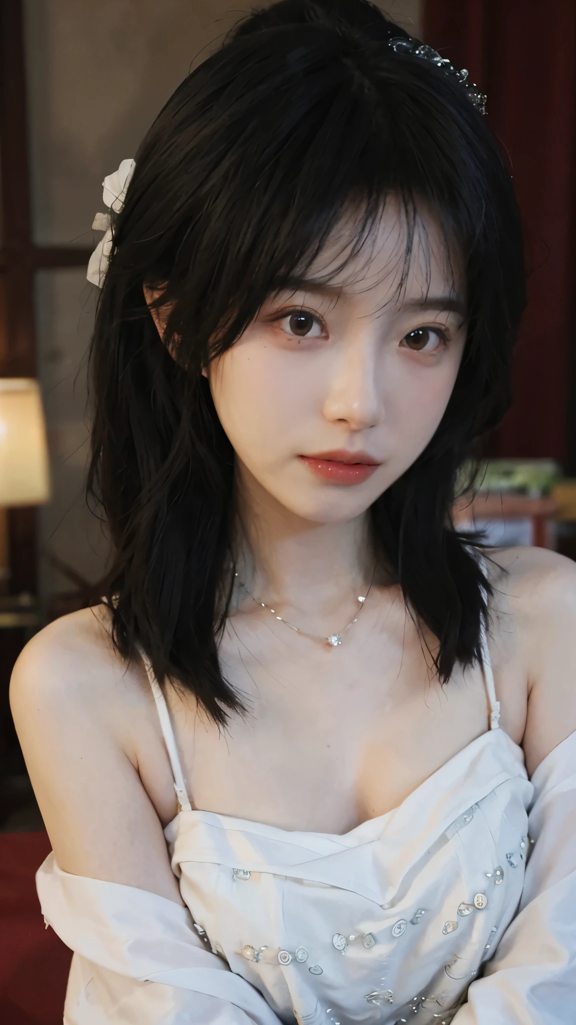 best quality, ultra high resolution, (realistically:1.4),cute hairpin,Baoyu Girl,Standing in the wedding hall,(flat chest:1.2) ,A pair of clear and charming peach blossom eyes,Royal sister,The sun shines on the face,Big wavy hairstyle,(necklace:1.2),(White skin:1.4),a sense of atmosphere,a beautiful girl,looking directly at the viewer, Close-up cleavage ,(lifelike:1.4),1 girl,Sexy,(Upper body:1.4),(wet),(:1.2)
