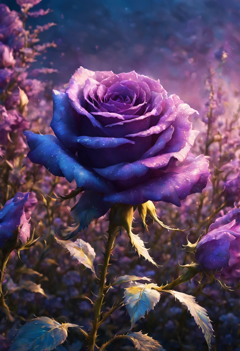 sea of flowers, aesthetic, blue rose blooming in a snowfield a masterpiece, 8k resolution, dark fantasy concept art, by Greg Rutkowski, dynamic lighting, hyperdetailed, intricately detailed, Splash screen art, trending on Artstation, deep color, Unreal Engine, volumetric lighting, Alphonse Mucha, Jordan Grimmer, purple and yellow complementary colours