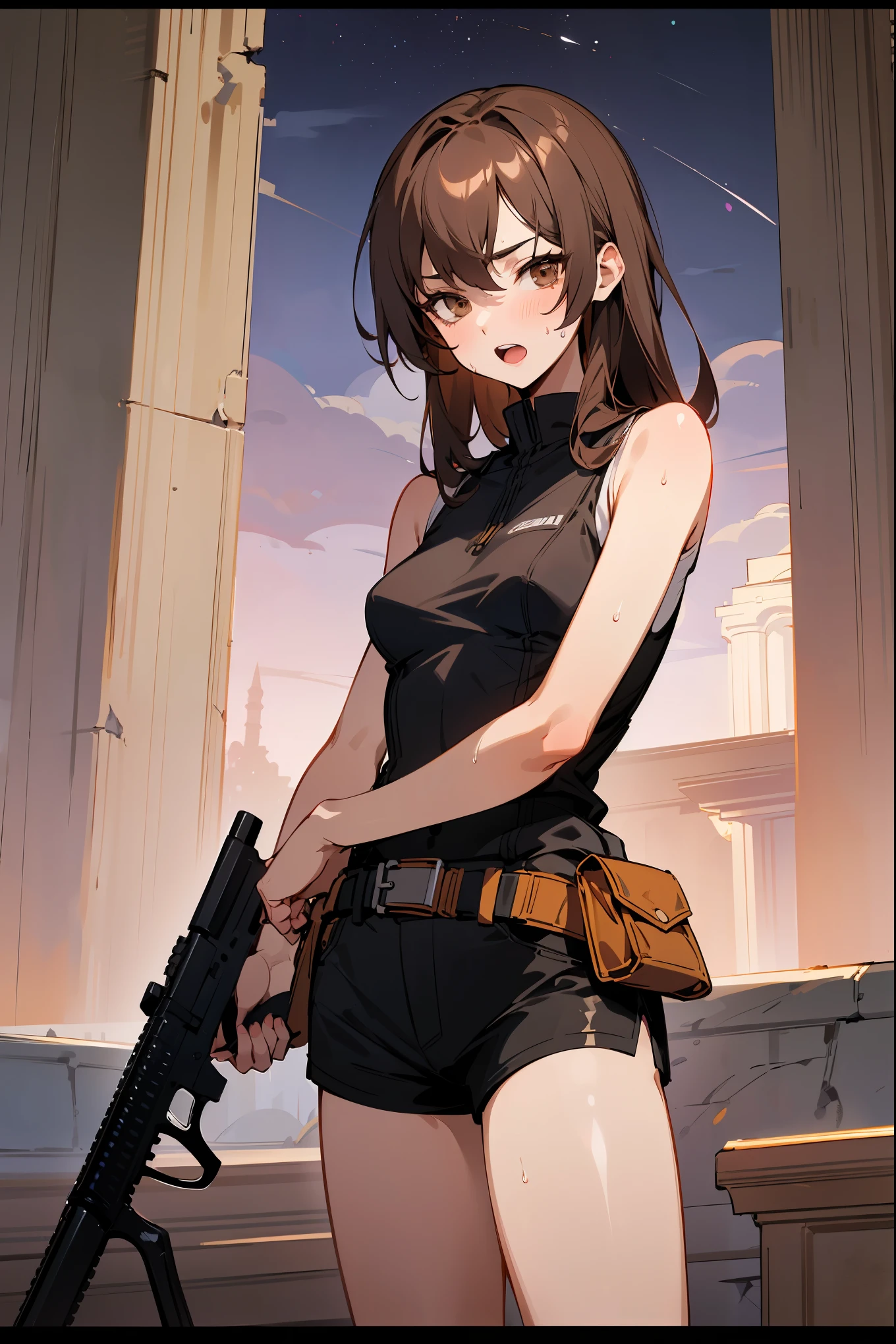 ((fine lineart)), (masterpiece,best Quality),extremely beautiful detai led anime face and eyes,cowboy shot,gal.safetensors,20-year-old、Beauty,female explorer、solo, brown hair,long hair,brown eyes,Small open mouth、slender body,very small head、medium breasts,brown skin,gleaming skin,oily skin,shiny skin,sweat,standing,、(Black combat uniform),tactical vest、hold an automatic rifle with both hands、white tight tank top、black shorts,ancient ruins of central and south america、ancient stone architecture、moonlight、at night、