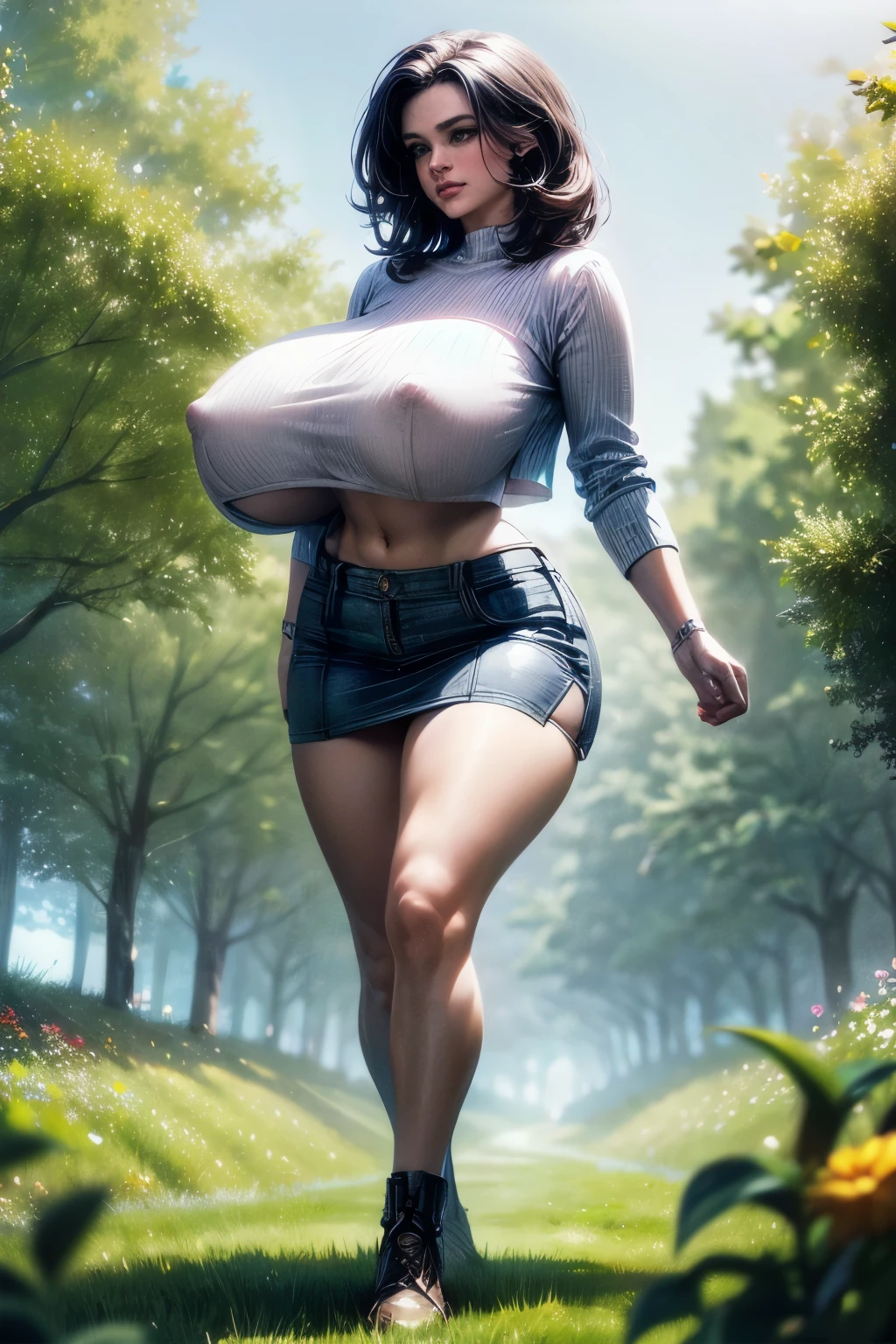 Beautiful woman with huge breasts wearing a miniskirt and skimpy clothes is walking through a field of flowers in full bloom. (detailed face, detailed eyes and lips:1.3), huge breasts, big , big breasts and nipples, (covered nipples:1.2),  (full body shot:1.2), from below, ctmp,