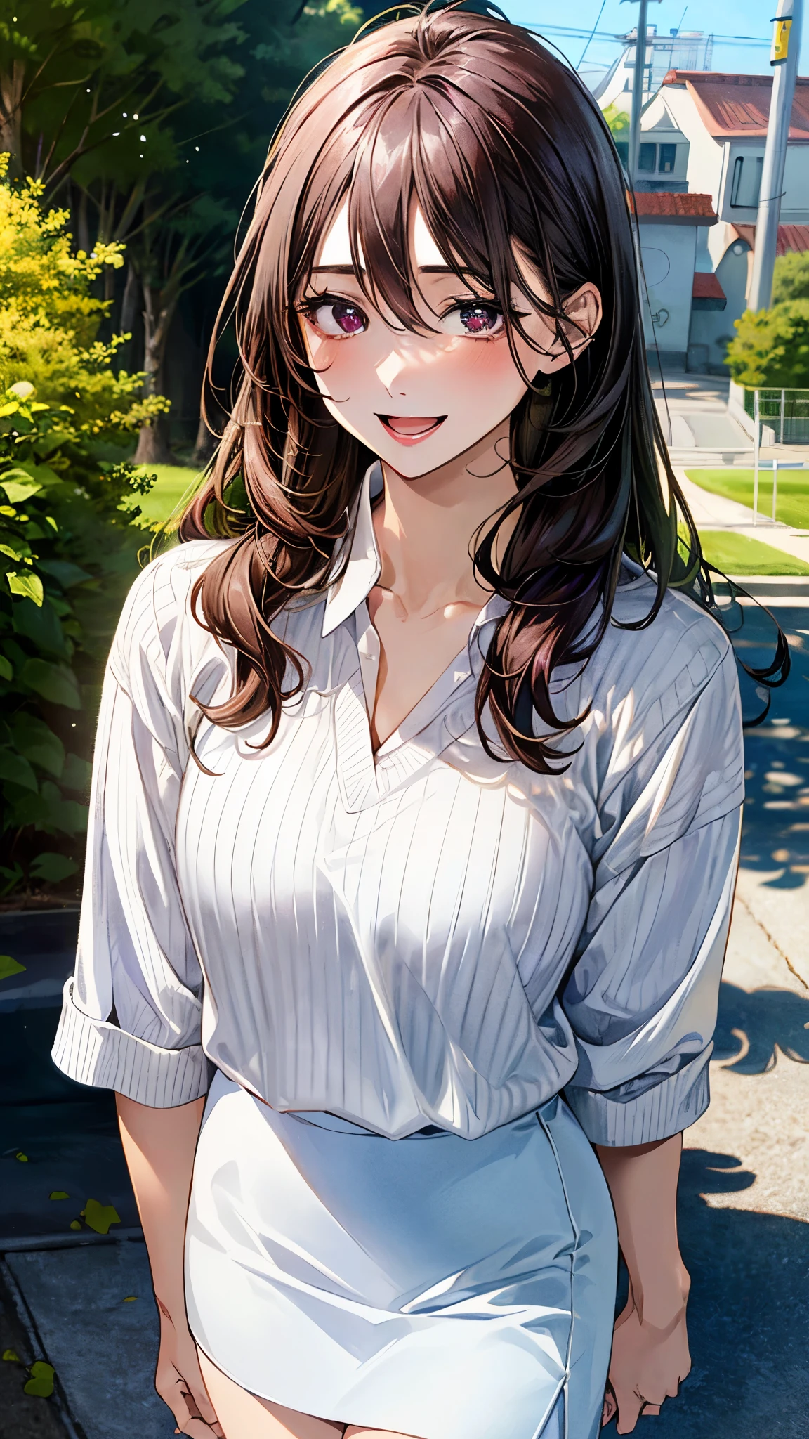 (masterpiece:1.2, top-quality, ultra high res, ultra detailed), (realistic, photorealistic:1.4), beautiful illustration, (natural side lighting, movie lighting),
looking at viewer, 1 girl, japanese, high school girl, perfect face, (perfect anatomy), cute and symmetrical face, shiny skin, slender,
(long hair, updo hairstyle, purple hair), hair between eyes, swept bangs, brown eyes, drooping eyes, big eyes, long eye lasher, (medium breasts),
beautiful hair, beautiful face, beautiful detailed eyes, beautiful clavicle, beautiful body, beautiful chest, beautiful thigh, beautiful legs,
(((white collared shirt), white skirt, brown v-neck sweater)),
(beautiful scenery), depth of field, morning, (park, cityscape in the distance), standimg, (lovely smile, upper eyes, open mouth),