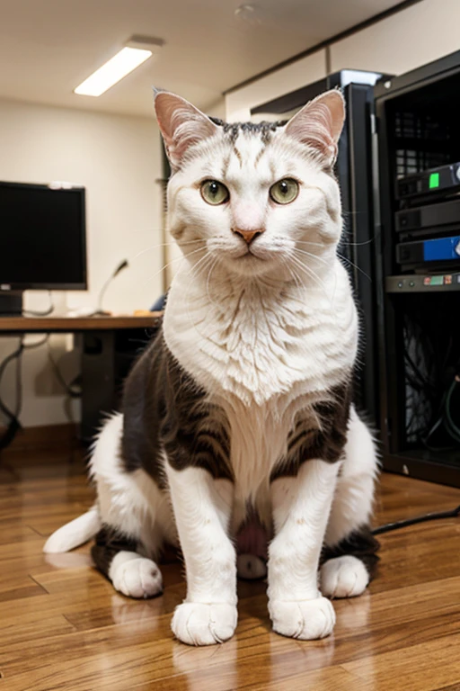 Odd-eyed white cat, computer server room in background