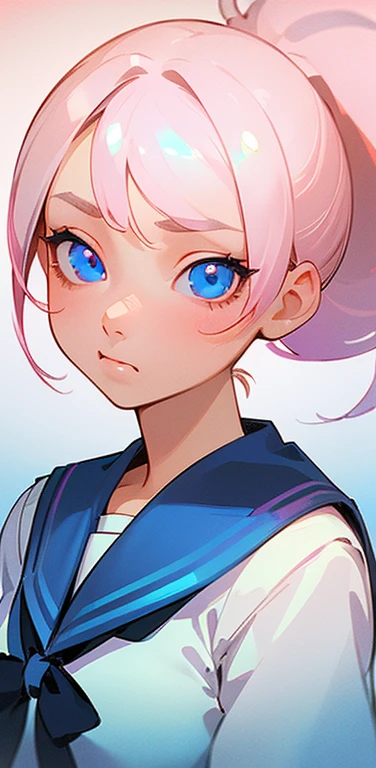(8K、highest quality、masterpiece:1.2)、Super detailed、super resolution、Realistic、1girl、(light pink hair)、ponytail,blue eyes、(face focus:1.3,upper body:1.5),(gradient eyes:1.5),(sailor uniform:1.3)、(Nasty face:1.3),cute face,small breasts,school girl,
