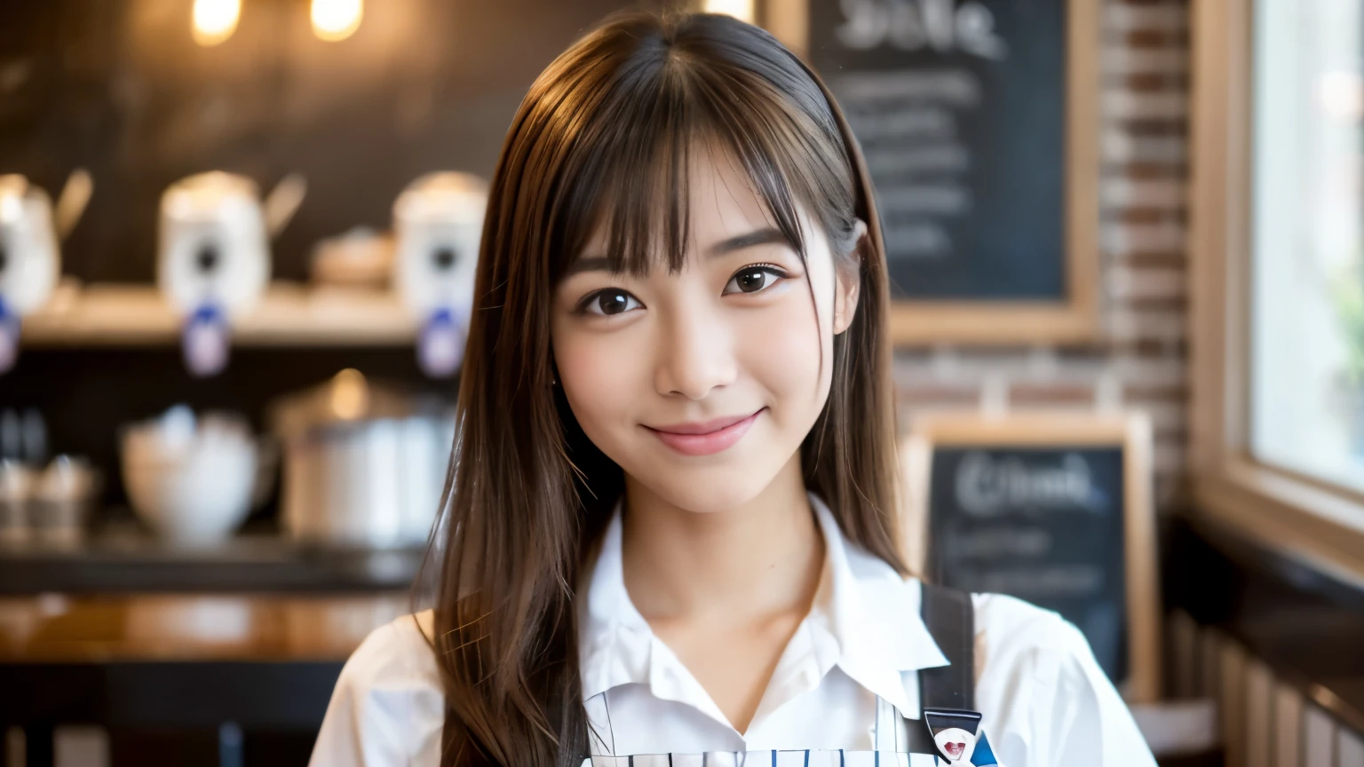 ((最high quality, 8k, masterpiece: 1.3)), perfect face,A full-body portrait of a beautiful model-like woman in a uniform apron brewing coffee at a stylish cafe in New York.,Other staff are busy working around us.、You can feel the stylish luxury that is typical of urban cafes., sharp focus, 1 girl, Sexy 1.2, , (big: 1.5), fine eyes, Beautiful eyes with long slits, double eyelid, (cat face), (cute Face), cute Smile, (close your mouth), (cute), soft skin, Show the whole body, surreal, super detailed, high quality, (Beautiful college girl working as a waitress in a cafe), ((詳細な非常にcute女子大生)), ((胸は隠れているけど服の上から解るぐらいbig胸)),A look and a smile as if staring at her boyfriend