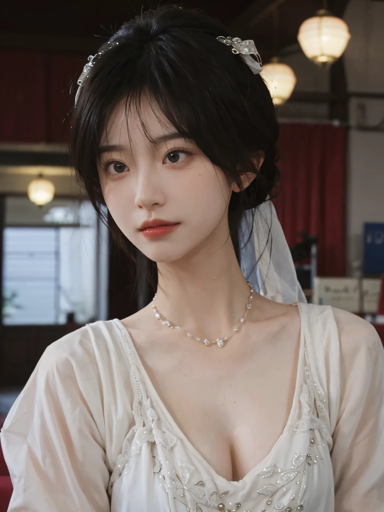 best quality, ultra high resolution, (realistically:1.4),cute hairpin,Baoyu Girl,Standing in the wedding hall,(flat chest:1.2) ,A pair of clear and charming peach blossom eyes,Royal sister,The sun shines on the face,Big wavy hairstyle,(necklace:1.2),(White skin:1.4),a sense of atmosphere,a beautiful girl,Looking directly at the viewer, Close-up cleavage ,(lifelike:1.4),1 girl,Sexy,(Upper body:1.4),(wet),(:1.2)