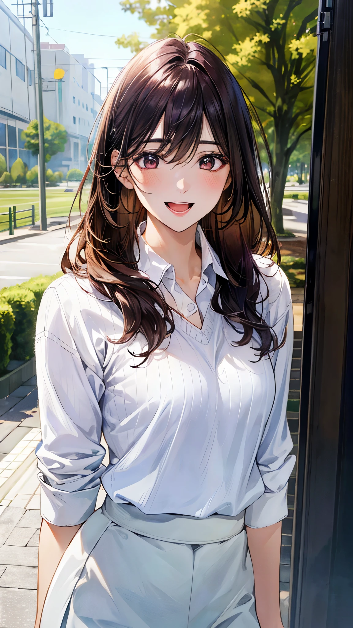 (masterpiece:1.2, top-quality, ultra high res, ultra detailed), (realistic, photorealistic:1.4), beautiful illustration, (natural side lighting, movie lighting),
looking at viewer, 1 girl, japanese, high school girl, perfect face, (perfect anatomy), cute and symmetrical face, shiny skin, slender,
(long hair, updo hairstyle, purple hair), hair between eyes, swept bangs, brown eyes, drooping eyes, big eyes, long eye lasher, (medium breasts),
beautiful hair, beautiful face, beautiful detailed eyes, beautiful clavicle, beautiful body, beautiful chest, beautiful thigh, beautiful legs,
(((white collared shirt), white skirt, brown v-neck sweater)),
(beautiful scenery), depth of field, morning, (park, cityscape in the distance), standimg, (lovely smile, upper eyes, open mouth),