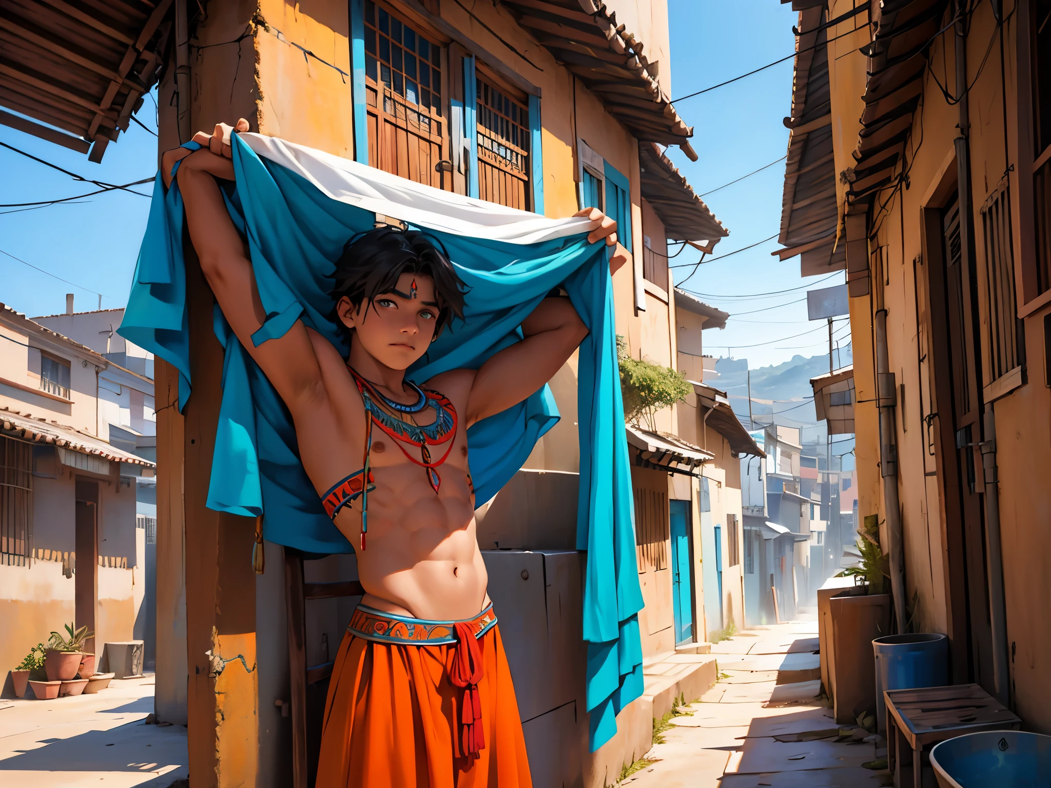 There is a boy strangely dressed in Indian tribal clothes., su cabello pelo es de color azul ojos azules esta en lo alto de un internado en la terraza mirando una ciudad esta desconcertado algo triste vista desde abajo