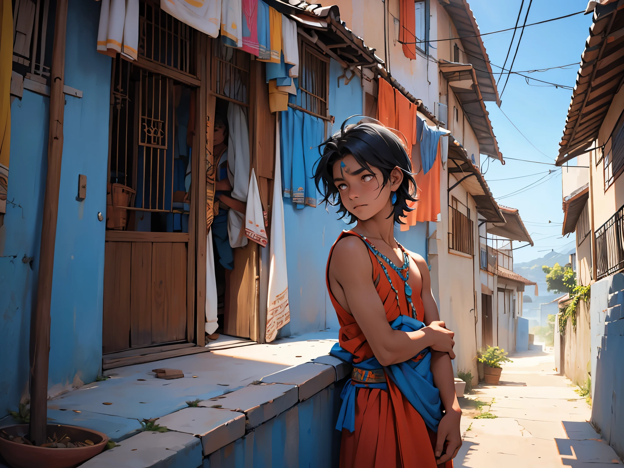 There is a 16 year old boy strangely dressed in Indian tribal clothes., su cabello pelo es de color azul ojos azules esta en lo alto de un internado en la terraza mirando una ciudad esta desconcertado algo triste vista desde abajo 