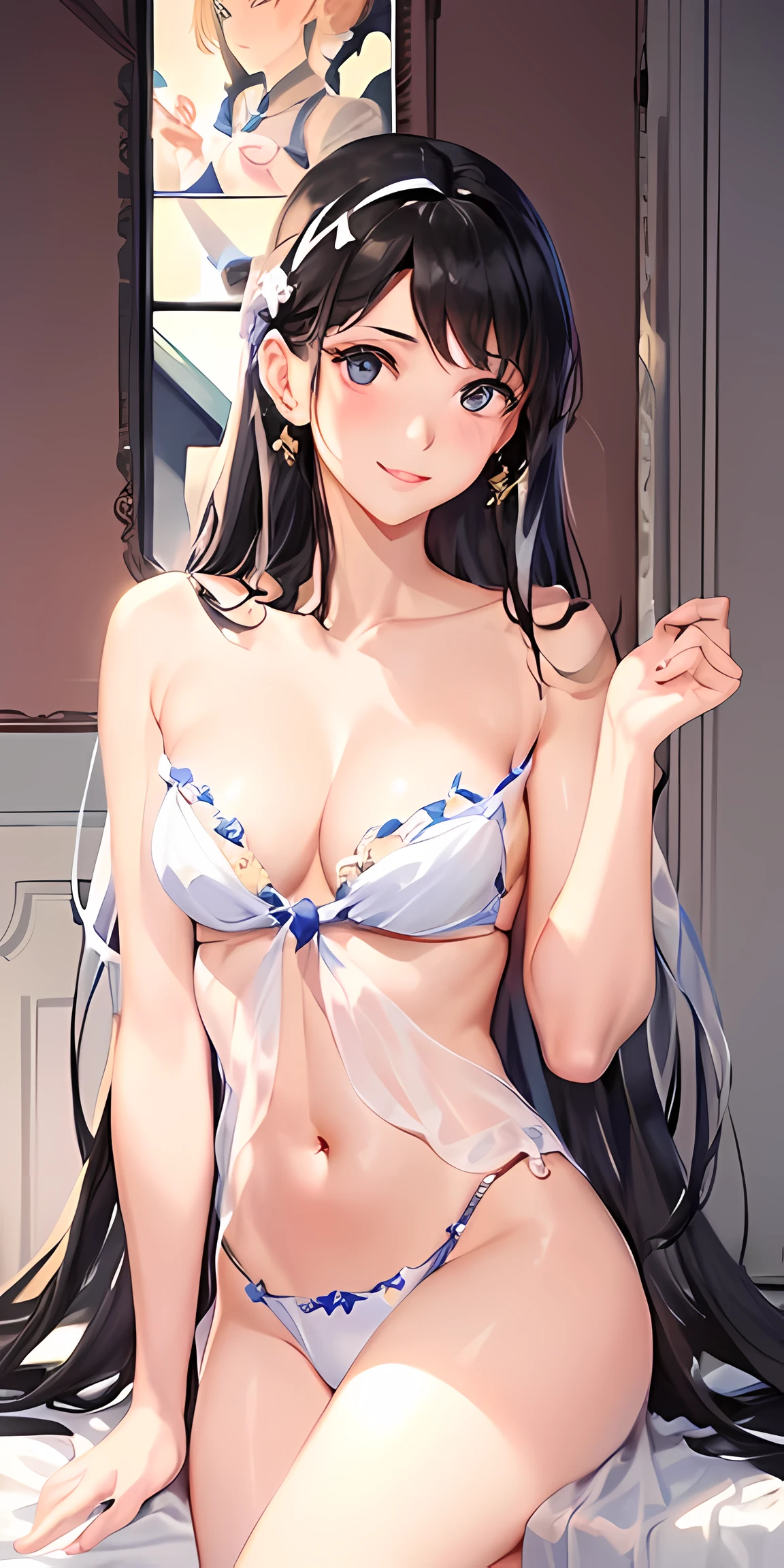 shinkai makoto, kimi no na wa., 1 girl, bangs, black hair, blush, bright eyes, brown eyes, pay attention to your audience、wear a micro bikini, firm round chest,、, medium breasts, alone, indoor, shiny skin, smile, Happy, beautiful, perfect anatomy, perfect hands, 