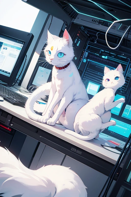 Odd-eyed white cat, computer server room in background
