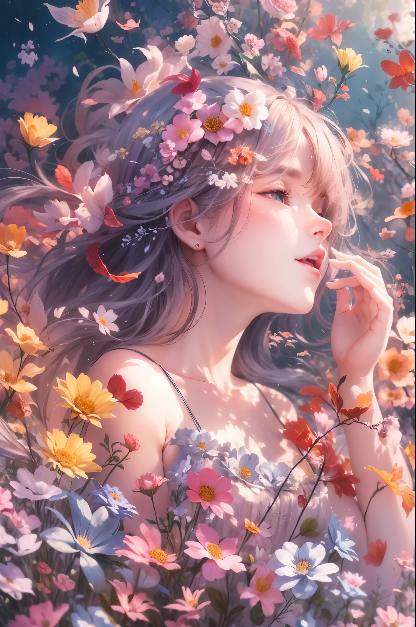 high quality,Ultra clear details,8K,A scene of flowers full of vitality and color。Adopt a dreamlike style of painting,Let the sea of flowers exude a mysterious and charming atmosphere。In this sea of flowers,All kinds of flowers are blooming,As beautiful as walking out of a fairy tale。Under the breeze,Petals sparkle in the sun,As if beating the melody of life。The whole picture is full of fairy magic and fantasy colors,Let people feel the beauty and infinite possibilities of nature。Let your imagination run wild,Create a heart-warming picture of a sea of flowers!