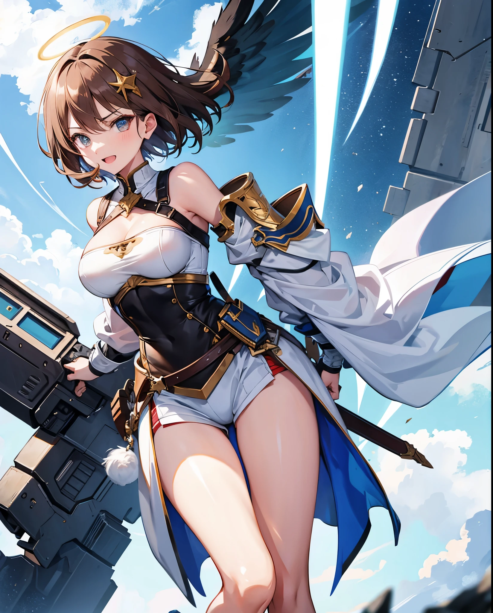 fantasy, 1angel_girl,, ,brown_hair, medium_bob_hair, long_bangs, halo,bare_shoulder,thighhighs,silver_armor, waist_armor, large_breasts,angry,grinning,open_mouth_teeth, 1pair_wings, dynamic_pose_fighting,floating, bare_crotch, headgear,gauntlet, greaves,city_sky_background,slightly_spread_legs, solo, groin_naked,