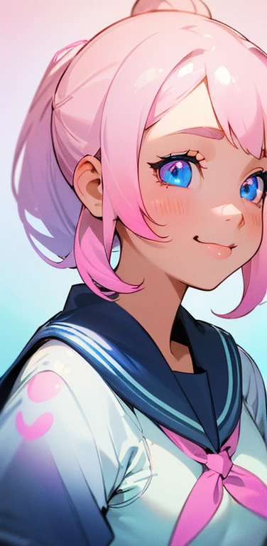 (8K、highest quality、masterpiece:1.2)、Super detailed、super resolution、Realistic、1girl、(light pink hair)、ponytail,blue eyes、(face focus:1.3,upper body:1.5),(gradient eyes:1.5),(sailor uniform:1.3)、(Nasty smile:1.3),cute face,small breasts,school girl,
