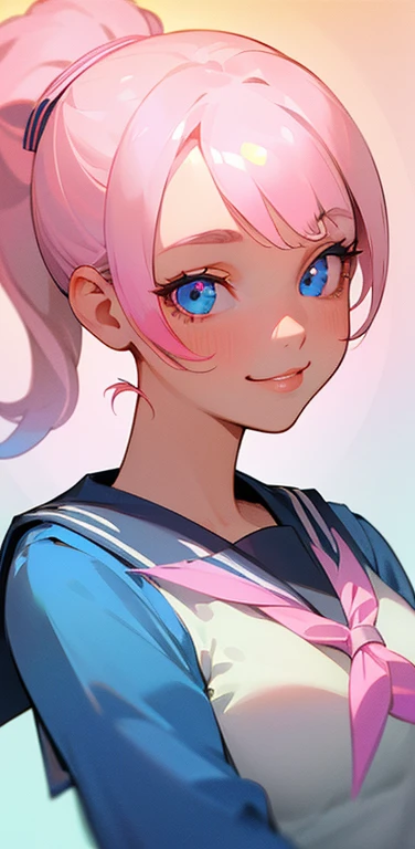 (8K、highest quality、masterpiece:1.2)、Super detailed、super resolution、Realistic、1girl、(light pink hair)、ponytail,blue eyes、(face focus:1.3,upper body:1.5),(gradient eyes:1.5),(sailor uniform:1.3)、(Nasty face:1.3),cute face,small breasts,school girl,
