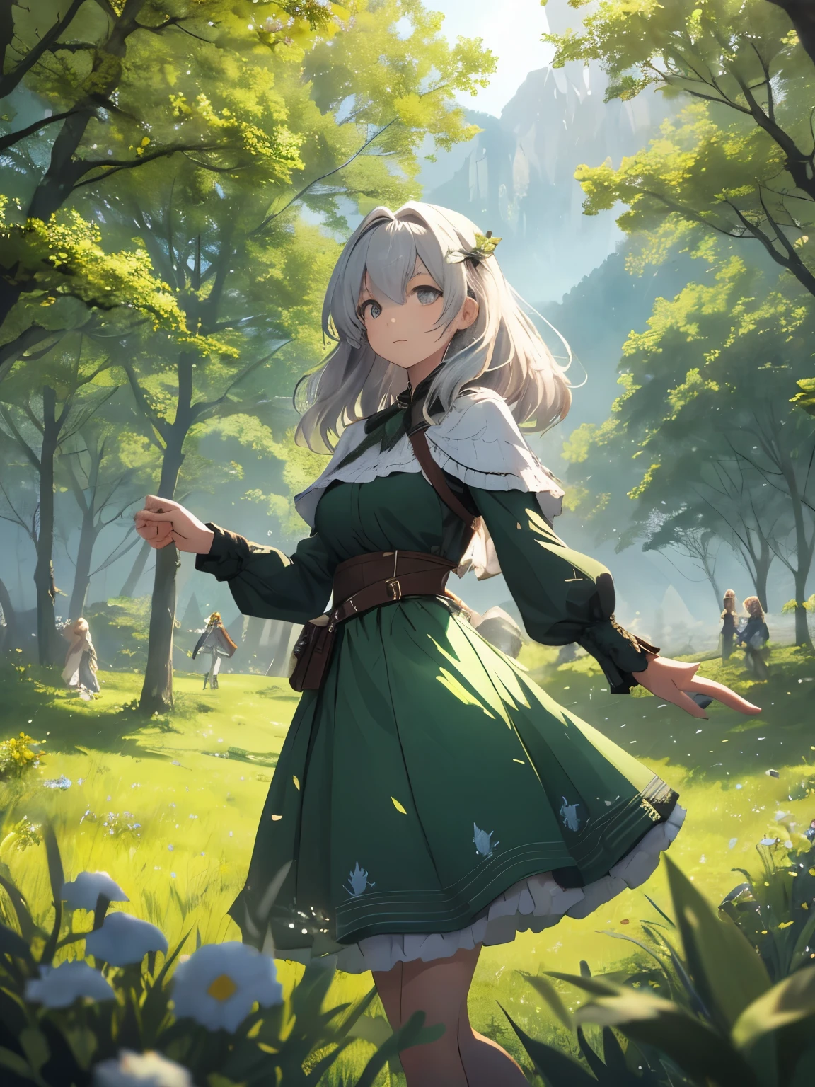 In a green meadow stands a girl leading a group of knights.
BREAK
With a brave expression, she guides them towards their destination.
BREAK
Behind her, a green forest stretches out and beyond that, mountains rise in the distance.
BREAK
The most suitable effect for this scene would be a watercolor painting technique to capture the softness of the meadow and the fluidity of the movement.