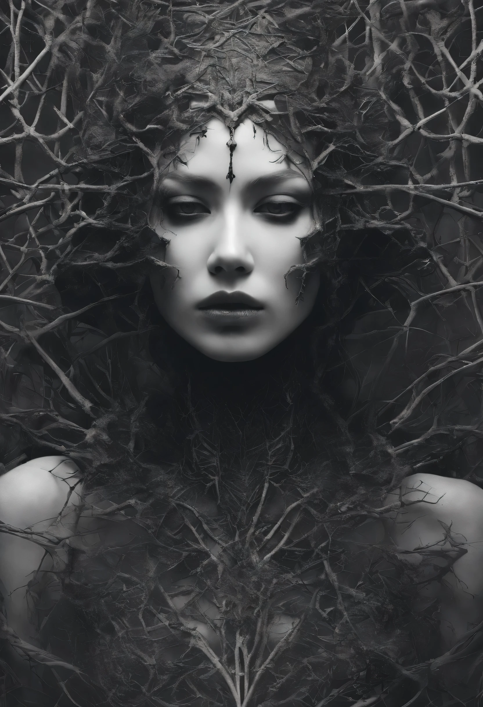 High resolution、The whole body is covered with thorny vines、gentle smile、black and white、sad woman、Beautiful woman