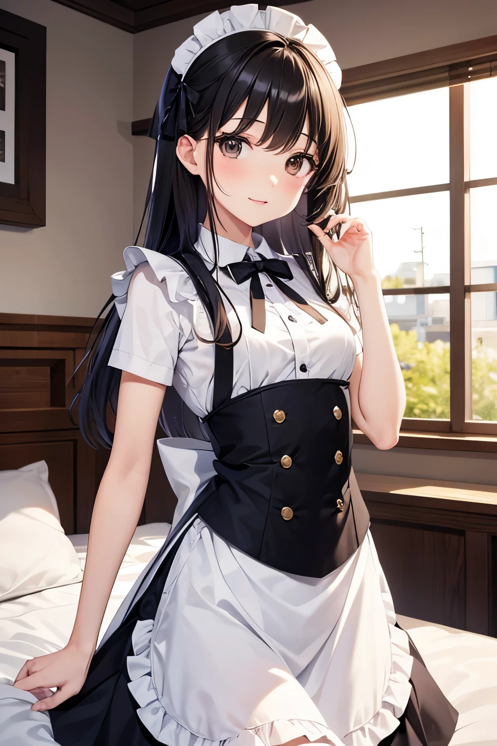 best quality, highres,1 woman,Slender、small face、brown eyes、tall、black hair BREAK、long hair、Hotel、Maid clothes、25 years old、Mature
