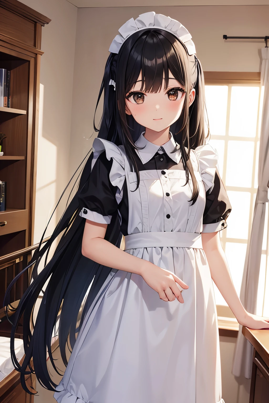 best quality, highres,1 woman,Slender、small face、brown eyes、tall、black hair BREAK、long hair、Hotel、Maid clothes、25 years old、Mature
