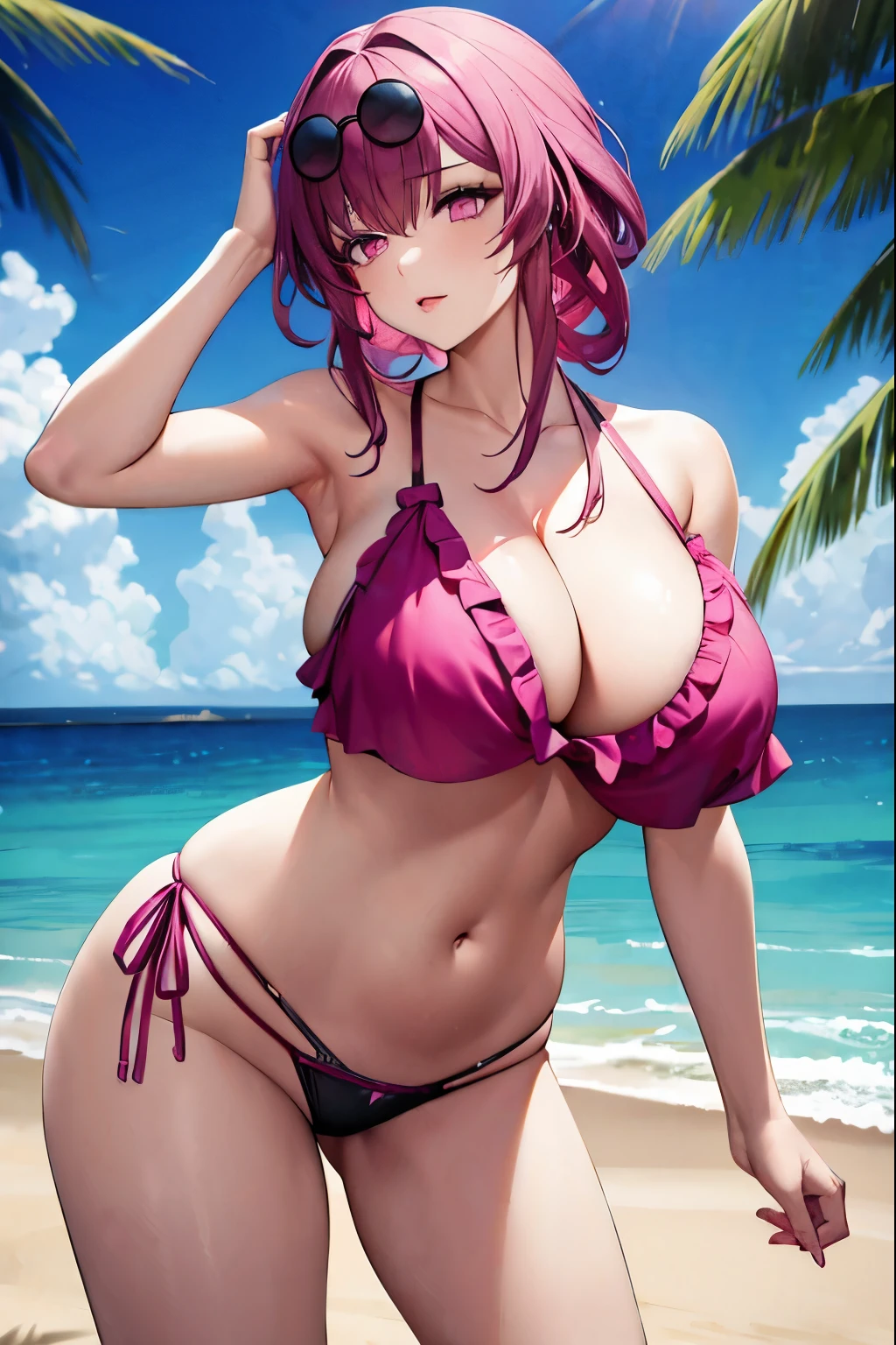 1 girl, alone, looking at the viewer, huge breasts, belly button, cleavage, Are standing, water着, pink hair, bikini, thighs, cowboy shot, outdoors, frills, null, Day, cloud, pink eyes, armpit, water, Stomach, Raise the hand, wood, blue null, black bikini, side-tie bikini bottom, Ocean, beach, sunglasses, arm behind head, glasses on head,star kafka, (mature woman:1.35),butt up，