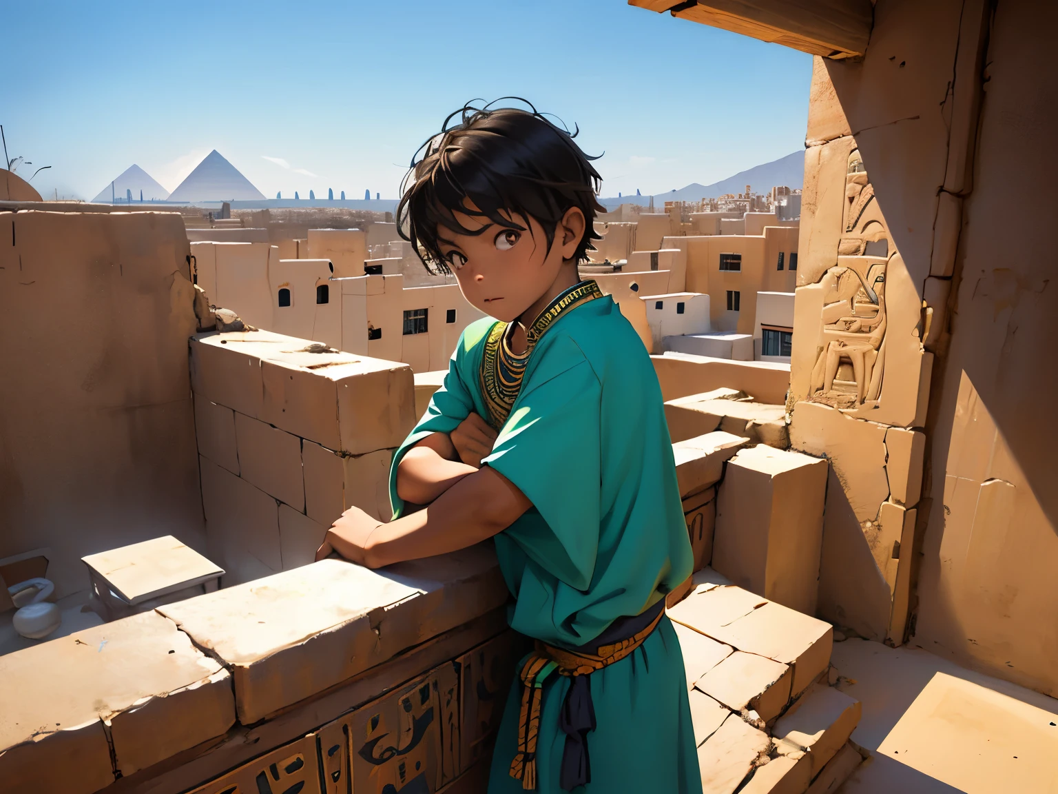 There is a 9 year old boy strangely dressed in Egyptian tribal clothes.,  ojos verdes esta en lo alto de un internado en la terraza mirando una ciudad esta desconcertado algo triste vista desde abajo 