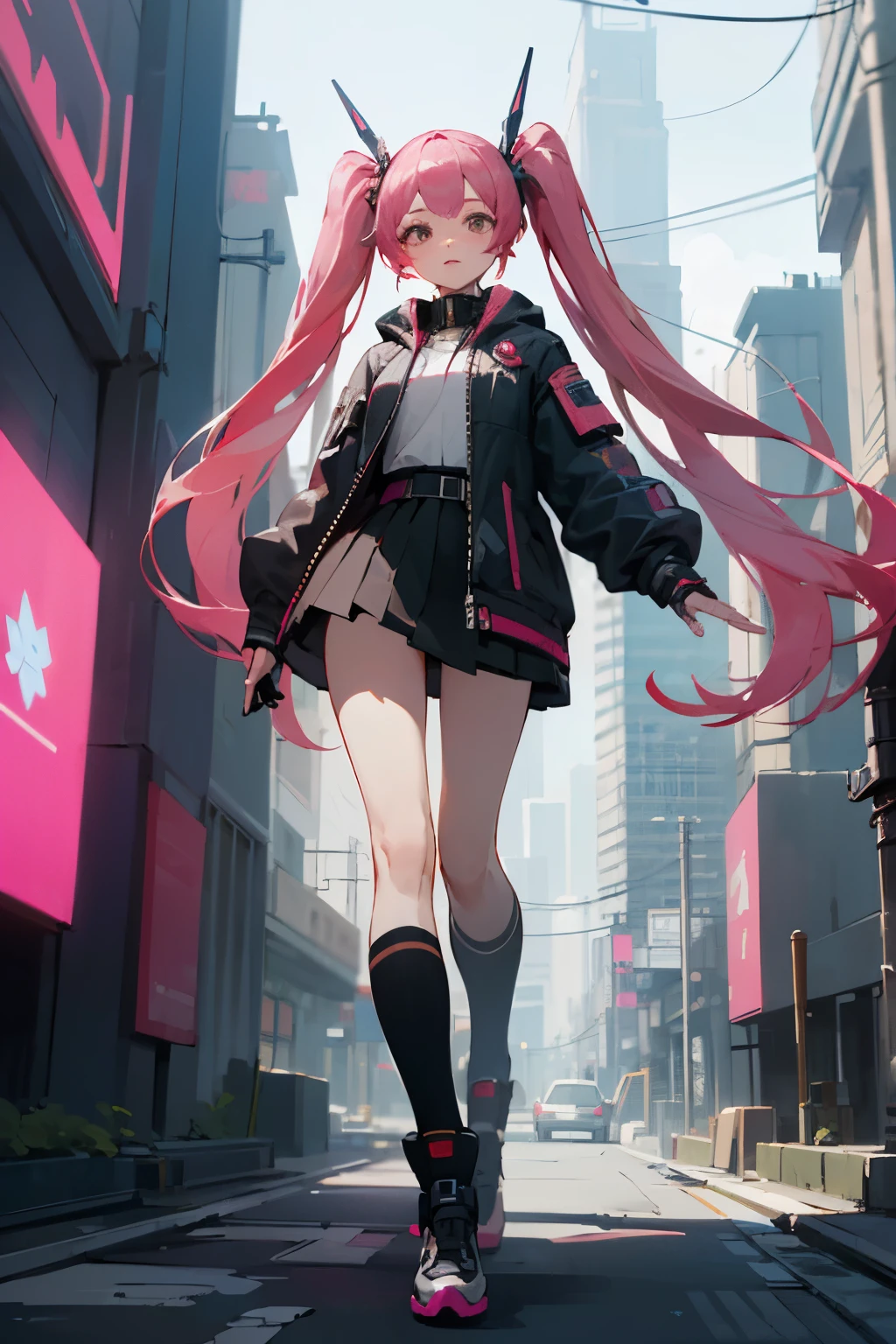 ((highest quality)), ((masterpiece)), (be familiar with), perfect face, Beautiful woman pink twintails long hair、cyberpunk short clothes、look at the viewer、positive、Full body Esbian, outdoors, Cyberpunk style background, City, skirt, knee high,