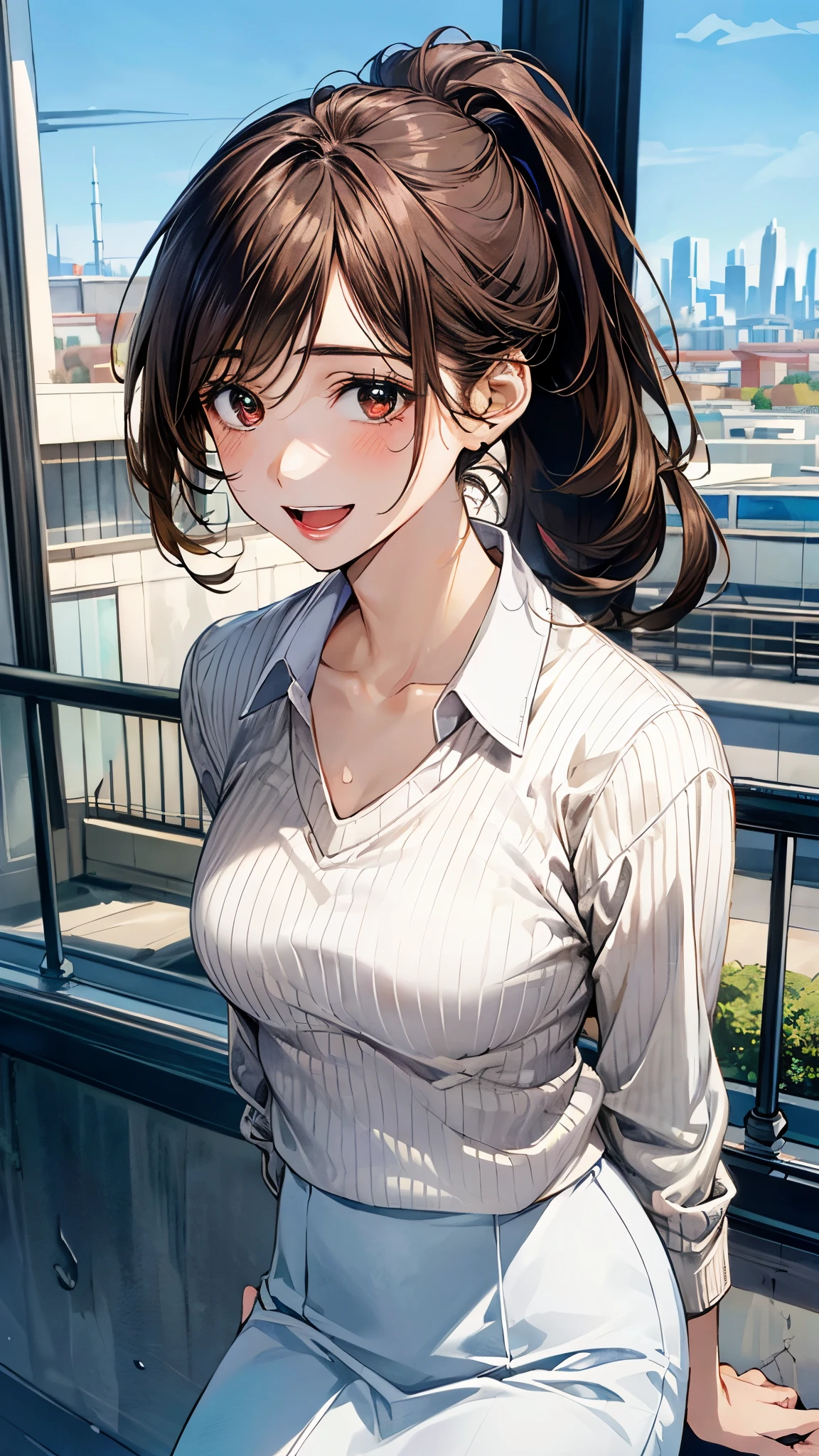 (masterpiece:1.2, top-quality, ultra high res, ultra detailed), (realistic, photorealistic:1.4), beautiful illustration, (natural side lighting, movie lighting), 
looking at viewer, 1 girl, japanese, high school girl, perfect face, (perfect anatomy), cute and symmetrical face, shiny skin, slender, 
(long hair, low ponytail, updo hairstyle, light brown hair), hair between eyes, swept bangs, brown eyes, drooping eyes, big eyes, long eye lasher, (medium breasts), 
beautiful hair, beautiful face, beautiful detailed eyes, beautiful clavicle, beautiful body, beautiful chest, beautiful thigh, beautiful legs, 
(((white collared shirt), white skirt, (brown v-neck sweater))), 
(beautiful scenery), depth of field, morning, (park, cityscape in the distance), standimg, (lovely smile, upper eyes, open mouth),