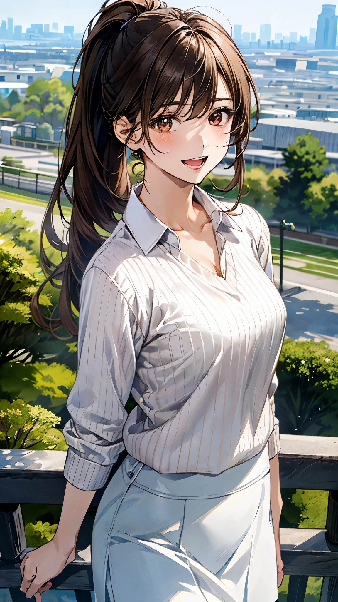 (masterpiece:1.2, top-quality, ultra high res, ultra detailed), (realistic, photorealistic:1.4), beautiful illustration, (natural side lighting, movie lighting),
looking at viewer, 1 girl, japanese, high school girl, perfect face, (perfect anatomy), cute and symmetrical face, shiny skin, slender,
(long hair, low ponytail, updo hairstyle, light brown hair), hair between eyes, swept bangs, brown eyes, drooping eyes, big eyes, long eye lasher, (medium breasts),
beautiful hair, beautiful face, beautiful detailed eyes, beautiful clavicle, beautiful body, beautiful chest, beautiful thigh, beautiful legs,
(((white collared shirt), white skirt, (brown v-neck sweater))),
(beautiful scenery), depth of field, morning, (park, cityscape in the distance), standimg, (lovely smile, upper eyes, open mouth),