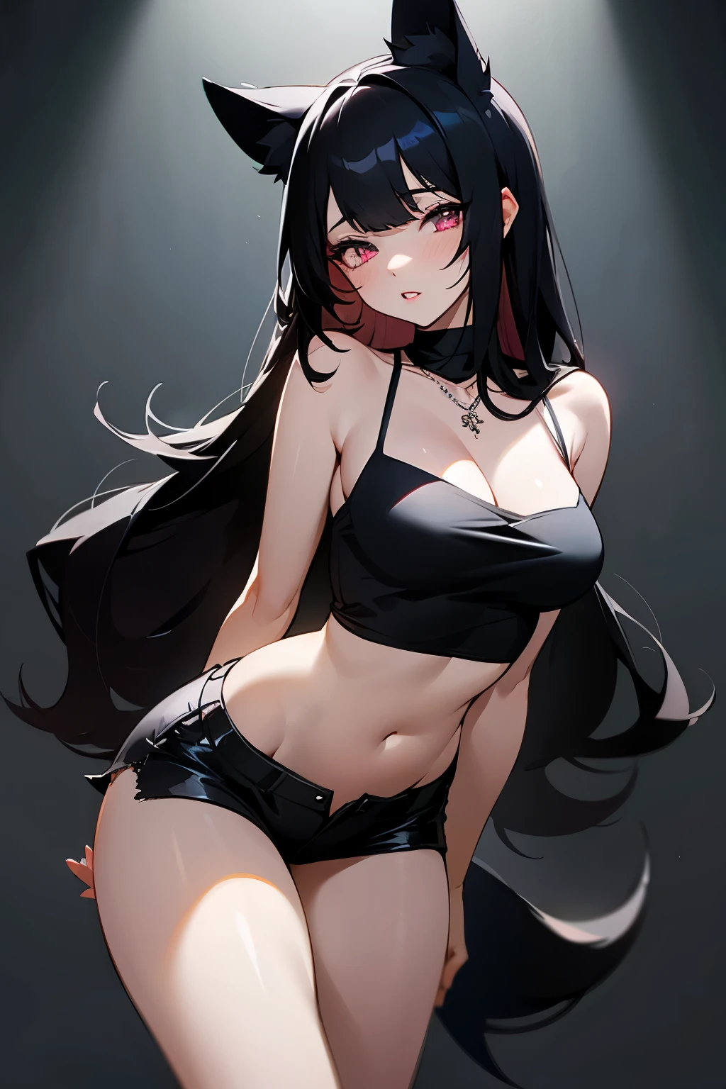 1 girl,long black hair,Qi bangs,light pink eyes,Perfect body slim curves,big lips,Parted lips,Soft beauty,shy,sexy,Wearing a pure black camisole,Wearing black shorts,Black dog ears,Black dog tail,black necklace,Outer city background,absurd,high resolution,Super sharp,8K,masterpiece