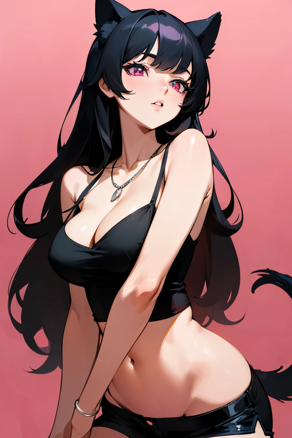 1 girl，long black hair，Qi bangs，light pink eyes，Perfect body slim curves，big lips，Parted lips，Soft beauty，shy，sexy，Wearing a pure black camisole，Wearing black shorts，Black dog ears，Black dog tail，black necklace，Outer city background，absurd，high resolution，Super sharp，8K，masterpiece