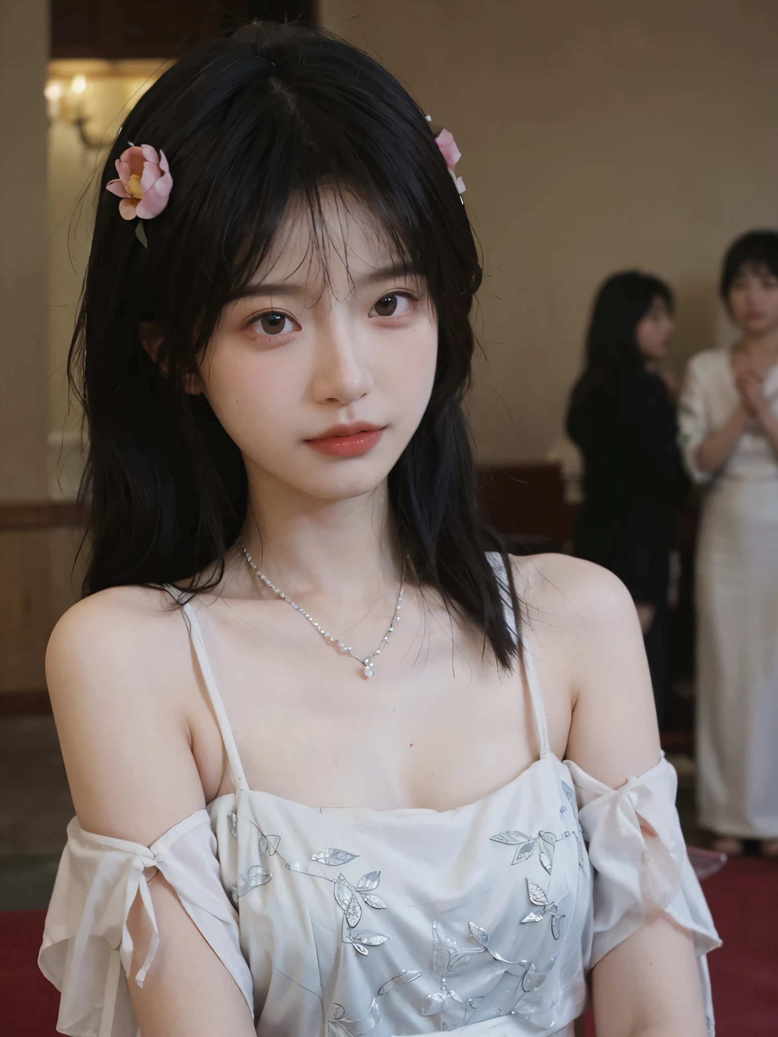 best quality， ultra high resolution， （realistically：1.4），cute hairpin，Baoyu Girl，Standing in the wedding hall，（flat chest：1.2） ，A pair of clear and charming peach blossom eyes,Royal sister，The sun shines on the face，Big wavy hairstyle，（necklace：1.2），（White skin：1.4），a sense of atmosphere，a beautiful girl，Looking directly at the viewer， Close-up cleavage ，(lifelike:1.4),1 girl,Sexy,(Upper body:1.4),(wet),(:1.2)
