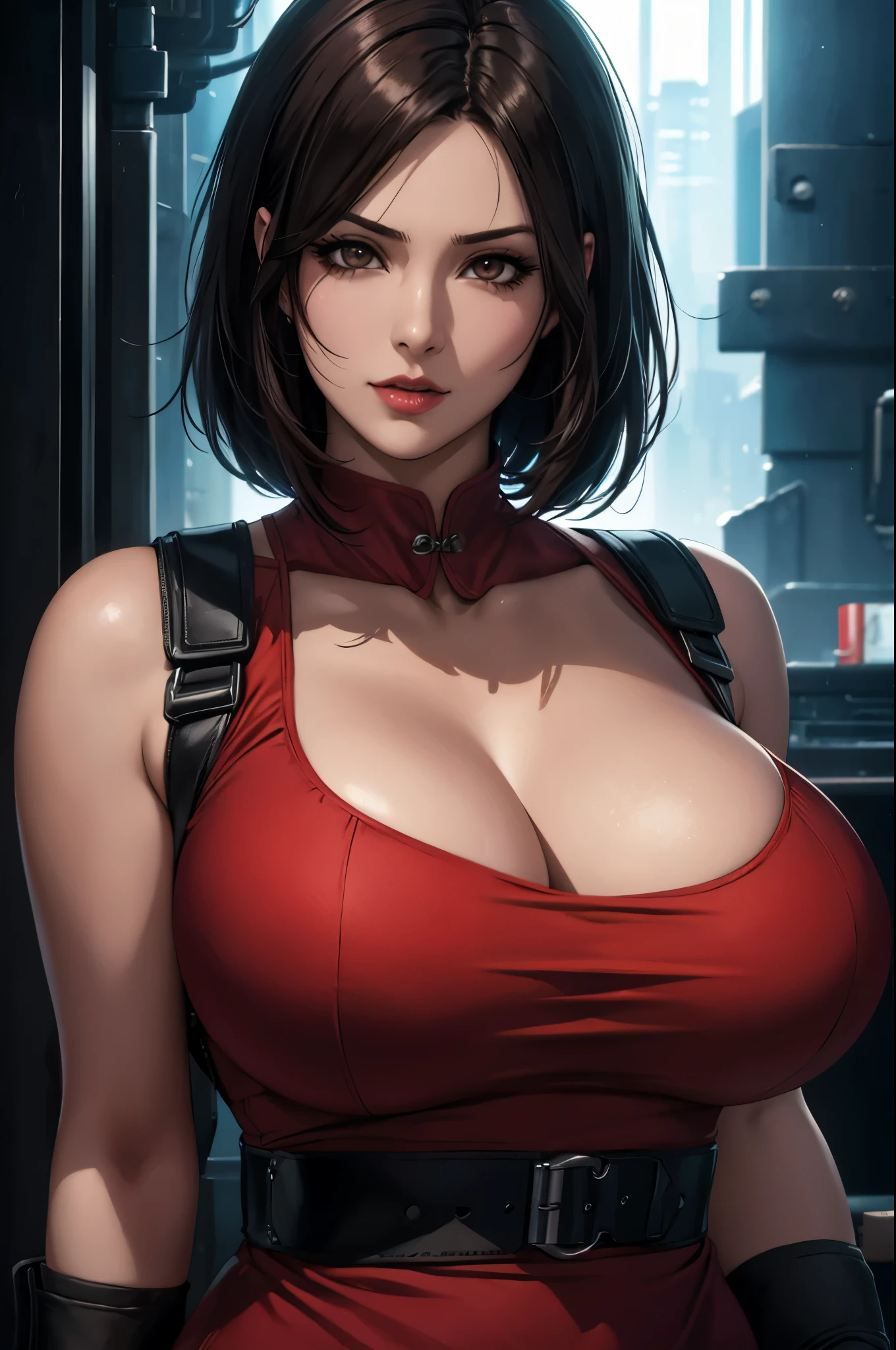 super fine illustration, ultra high resolution, masterpiece, highest quality, perfect shiny shinny skin, perfect lighting, detailed lighting, dramatic shadow, ray tracing, 1 beautiful milf, looking at the viewer, big breasts, exposed cleavage, beautiful detailed brown eyes, sharp face, clear eyes, red lips, long bangs, black short bob hair, ((cyberpunk dark city)), Upper body, Red long China dress, military harness, Aida Wong - Resident Evil Series,