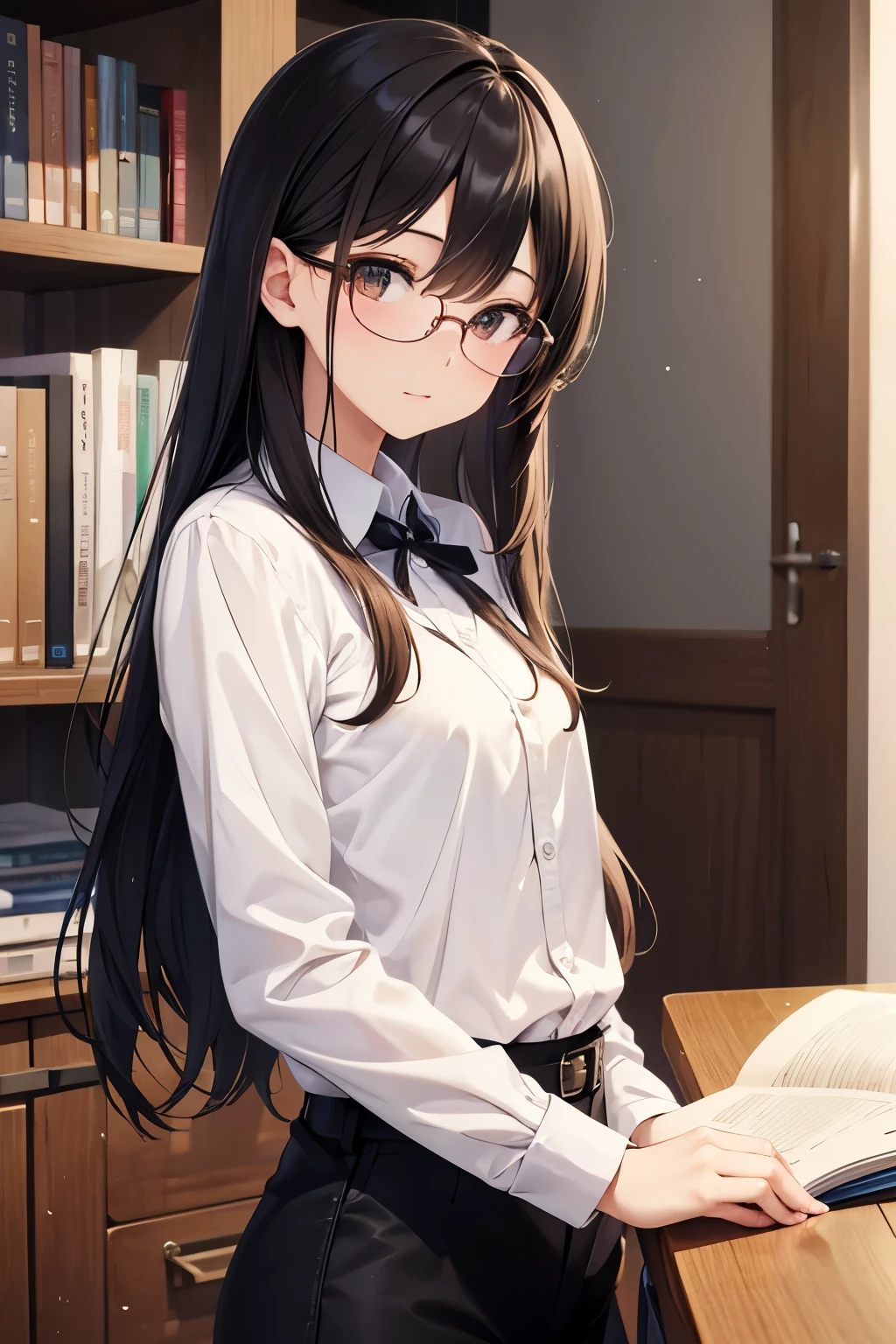 best quality, highres,1 woman,Slender、small face、brown eyes、(tall:1.3)、black hair BREAK、long hair、(office:1.1)、(shirt:1.2)、25 years old、Mature、black rim glasses
