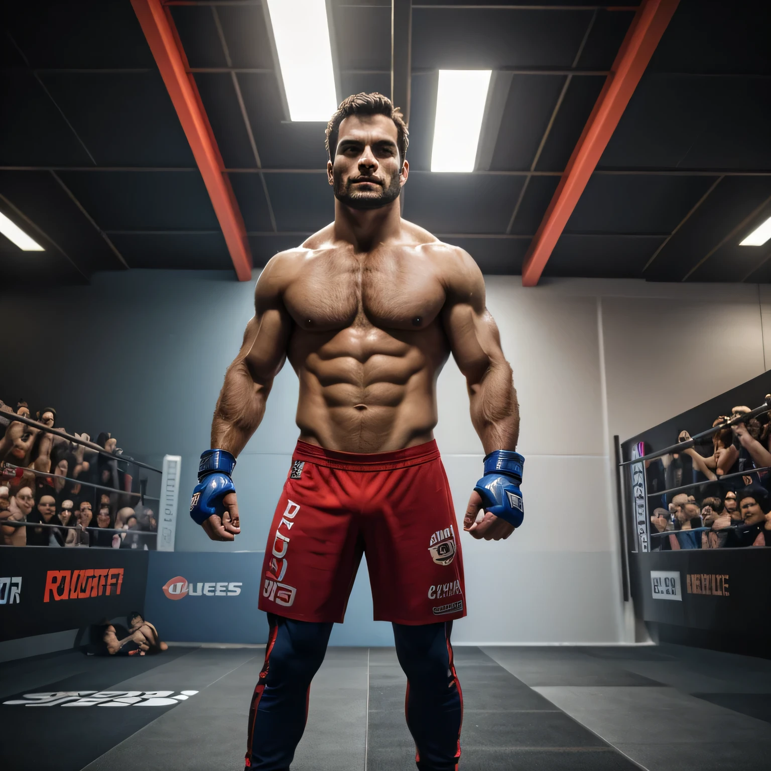 Qualidade de imagem ultra-alta, realistic and strong male characteristics, um homem inspirado em Henry Cavill como Wolverine, Um homem, muscular, com luvas de MMA, Lutador, para 4K, in dimension 1920 pixels by 1080 pixels,Universo UFC, extremely hot and sexy perfect abdomen, full body view (vista frontal), luz difusa, location: Universo UFC, foto colorida, (candid human pele), pele