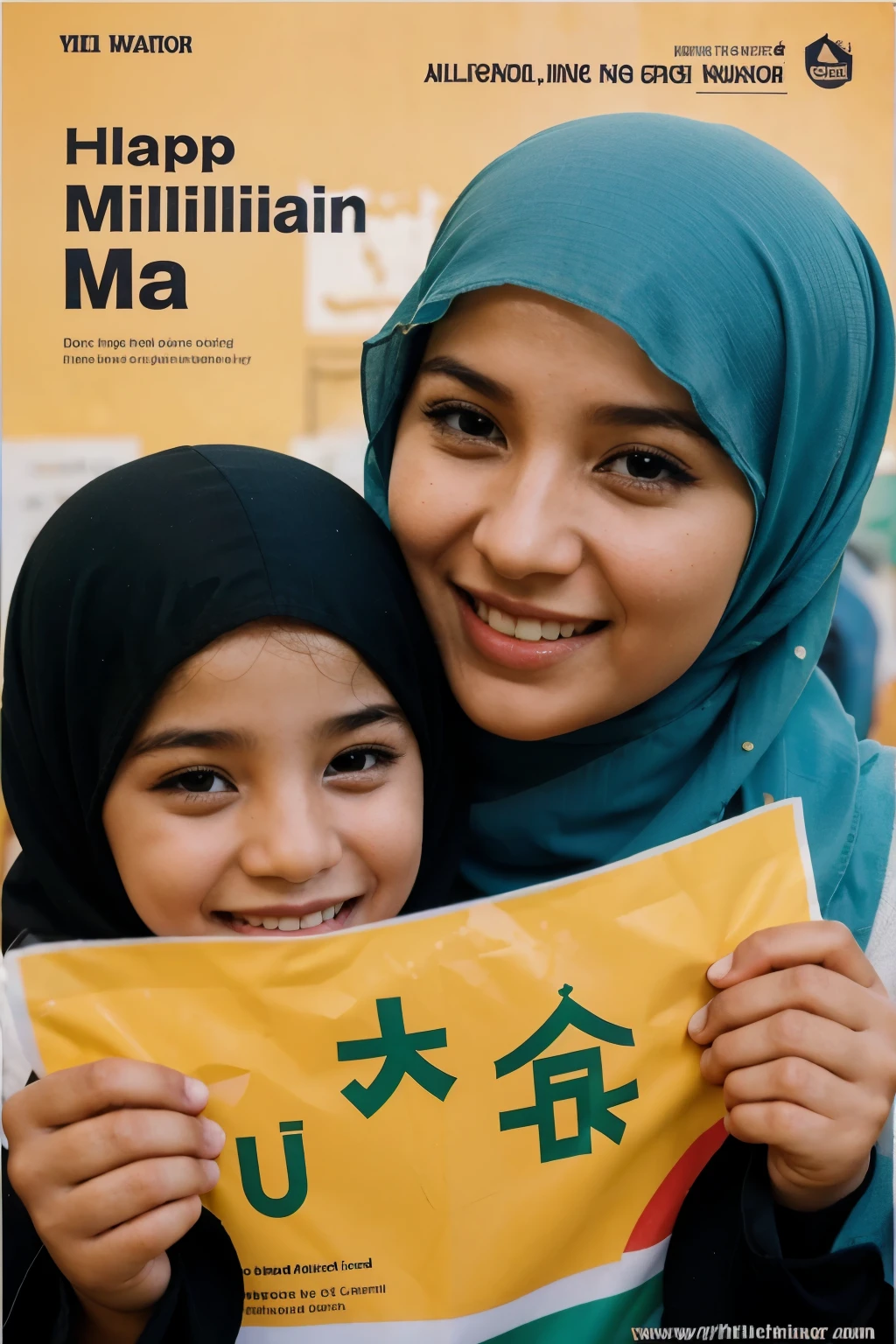 generate a poster of a happy muslim arabic woman educate her childern 
