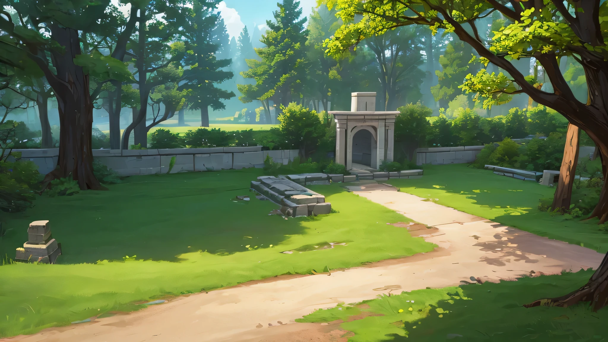 side view, wide view, outdoors scene, left to right, platform 2d game, 2d side scrolling game, 2d game asset, rpg game style, forest, ground path on the left, ancient city gate on the right, 4K, masterpiece