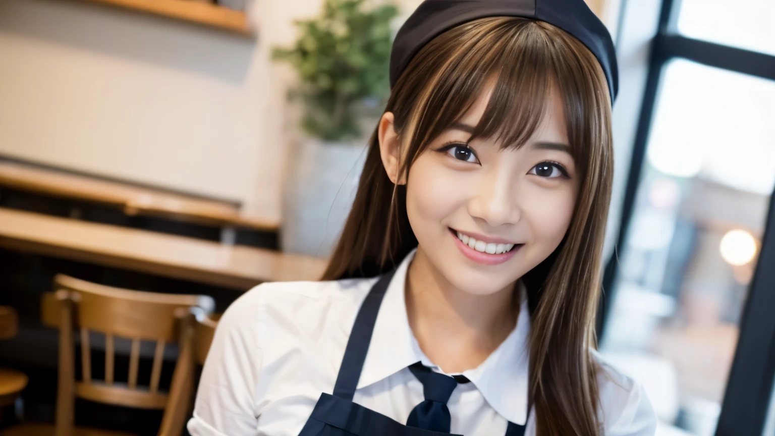 ((最high quality, 8k, masterpiece: 1.3)), perfect face,A beautiful model-like woman working in a miniskirt and apron in a uniform in a stylish cafe in New York depicts her full body.,Other staff are busy working around us.、You can feel the stylish luxury that is typical of urban cafes., sharp focus, 1 girl, Sexy 1.2, , (big: 1.5), fine eyes, Beautiful eyes with long slits, double eyelid, (cat face), (cute Face), cute Smile, (close your mouth), (cute), soft skin, Show the whole body, surreal, super detailed, high quality, (Beautiful college girl working as a waitress in a cafe), ((詳細な非常にcute女子大生)), ((胸は隠れているけど服の上から解るぐらいbig胸)),A look and a smile as if staring at her boyfriend,Beautiful thighs visible under the apron and miniskirt