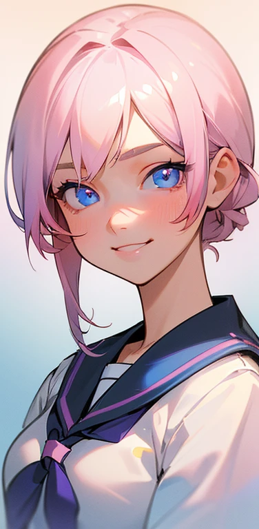 (8K、highest quality、masterpiece:1.2)、Super detailed、super resolution、Realistic、1girl、(light pink hair)、sidelock,blue eyes、(face focus:1.3,upper body:1.5),(gradient eyes:1.5),(sailor uniform:1.3)、(Nasty smile:1.3),cute face,small breasts,school girl,
