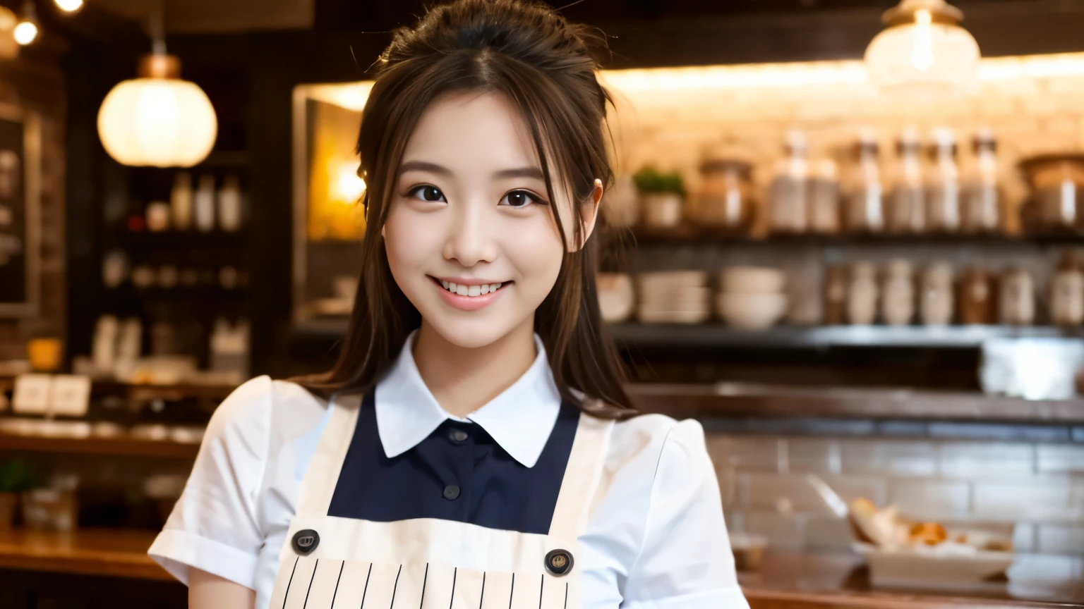 ((最high quality, 8k, masterpiece: 1.3)), perfect face,A beautiful model-like woman working in a miniskirt and apron in a uniform in a stylish cafe in New York depicts her full body.,Other staff are busy working around us.、You can feel the stylish luxury that is typical of urban cafes., sharp focus, 1 girl, Sexy 1.2, , (big: 1.5), fine eyes, Beautiful eyes with long slits, double eyelid, (cat face), (cute Face), cute Smile, (close your mouth), (cute), soft skin, Show the whole body, surreal, super detailed, high quality, (Beautiful college girl working as a waitress in a cafe), ((詳細な非常にcute女子大生)), ((胸は隠れているけど服の上から解るぐらいbig胸)),A look and a smile as if staring at her boyfriend,Beautiful thighs visible under the apron and miniskirt