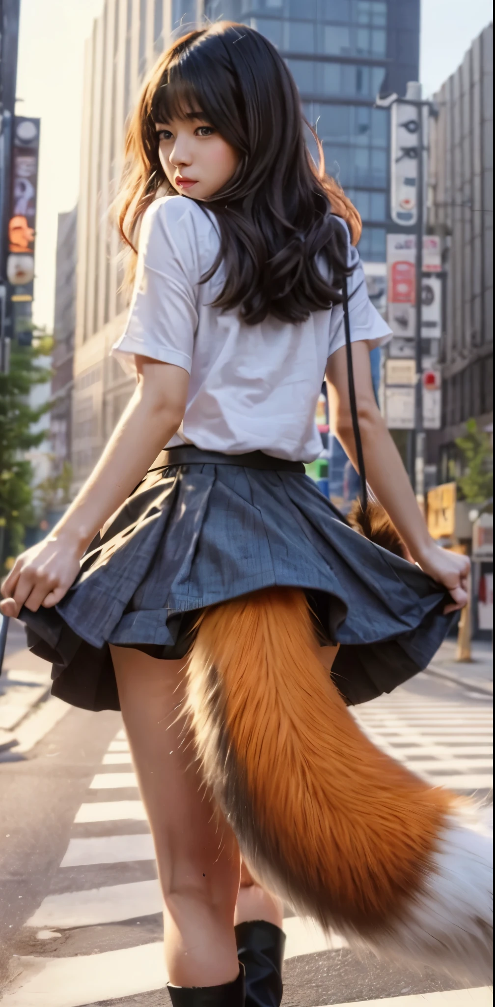 A woman wearing a skirt is walking down the street, fox tail, furry tail, fox girl, fluffy tail, furries wearing tails, 女性のfurryミニのかわいいスタイル, very very beautiful fur art, realistic style, POV furryアート, furry足, furry, thick fluffy tail, tail, photograph, highest quality, Slender, eight-headed body, small face
