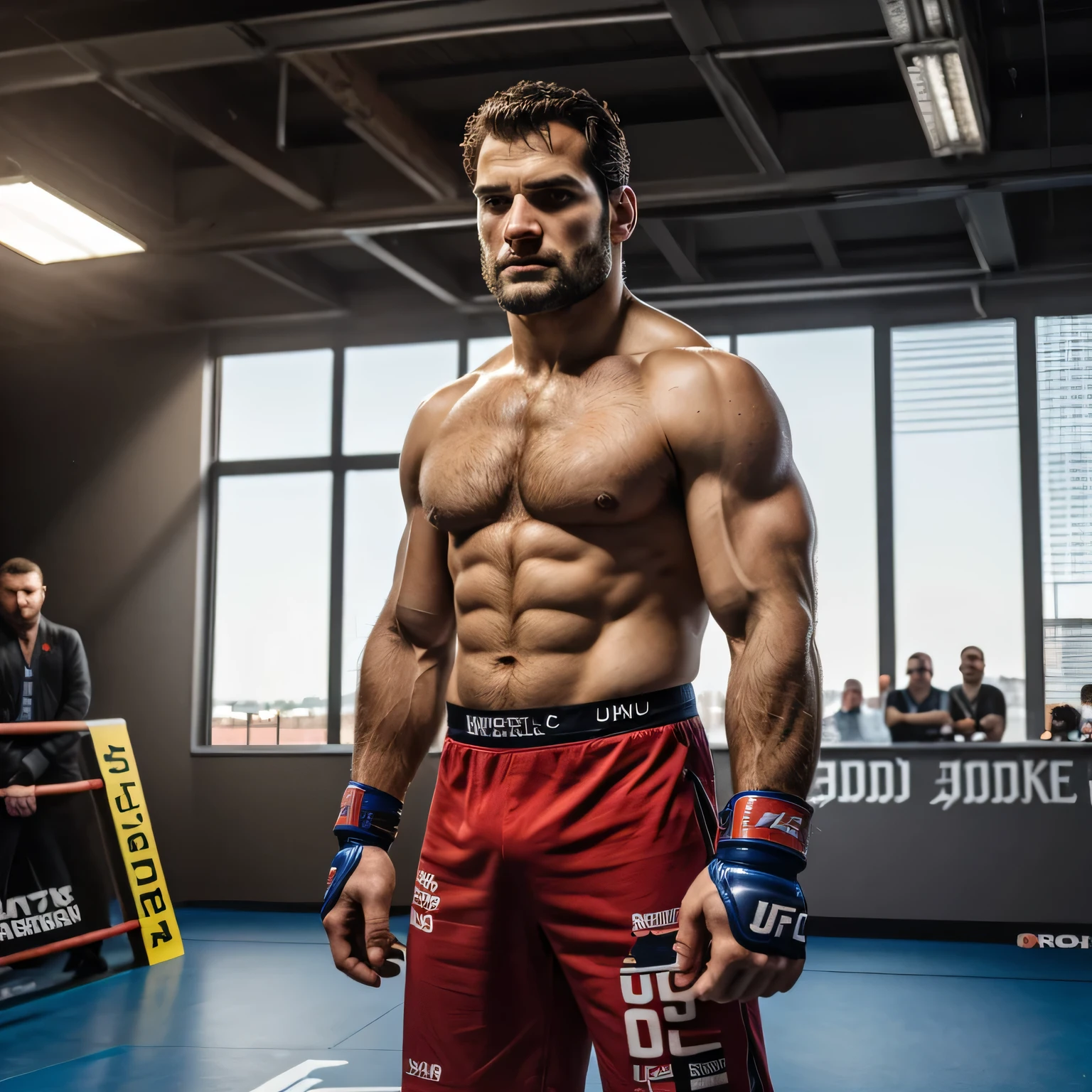 Qualidade de imagem ultra-alta, realistic and strong male characteristics, um homem inspirado em Henry Cavill como Wolverine, Um homem, muscular, com luvas de MMA, Lutador, para 4K, in dimension 1920 pixels by 1080 pixels,Universo UFC, extremely hot and sexy perfect abdomen, full body view (vista frontal), luz difusa, location: Universo UFC, foto colorida, (candid human pele), pele