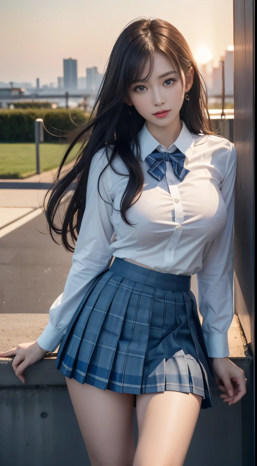 (highest quality:1.4), (hyper quality), (Super detailedな), 1 beautiful girl, So cute, wonderful face and eyes, (school uniform, Blue checked pleated micro mini skirt:1.5), (Beautiful and incredibly big breasts:1.3), (slender body:1.1), (thin legs), (Very thin waist), belly button, realistic skin texture, bangs:1.3, bright and glossy lips, Beautiful goddess descends, beautiful background, golden ratio, conceptual art, Super detailed, Accurate, advanced details, outdoors, sexy art, surrounded by a beautiful sunset, bright light, Super delicate illustration details, 8K wallpaper that integrates high-definition CG, RAW photo, professional photos, cinematic lighting, written boundary depth, (No bra in uniform:1.2), (You can see the shape of the nipple protrusions through the uniform.:1.2), (The nipple protrusions push up the uniform), (Her big breasts make her uniform stretch out:1.2), cropped tops, (High heels on bare feet)