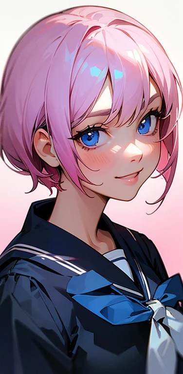 (8K、highest quality、masterpiece:1.2)、Super detailed、super resolution、Realistic、1girl、(light pink hair)、sidelock,blue eyes、(face focus:1.3,upper body:1.5),(gradient eyes:1.5),(sailor uniform:1.3)、(Nasty smile:1.3),cute face,small breasts,school girl,
