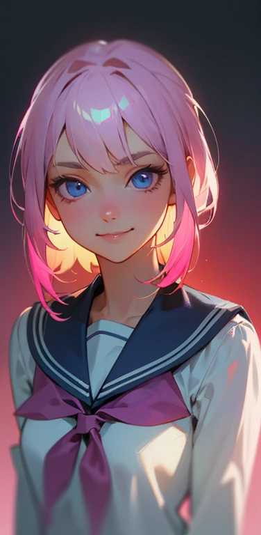 (8K、highest quality、masterpiece:1.2)、Super detailed、super resolution、Realistic、1girl、(light pink gradient hair:1.2)、sidelock,blue eyes、(face focus:1.3,upper body:1.5),(gradient eyes:1.5),(sailor uniform:1.3)、(Nasty smile:1.3),cute face,small breasts,school girl,